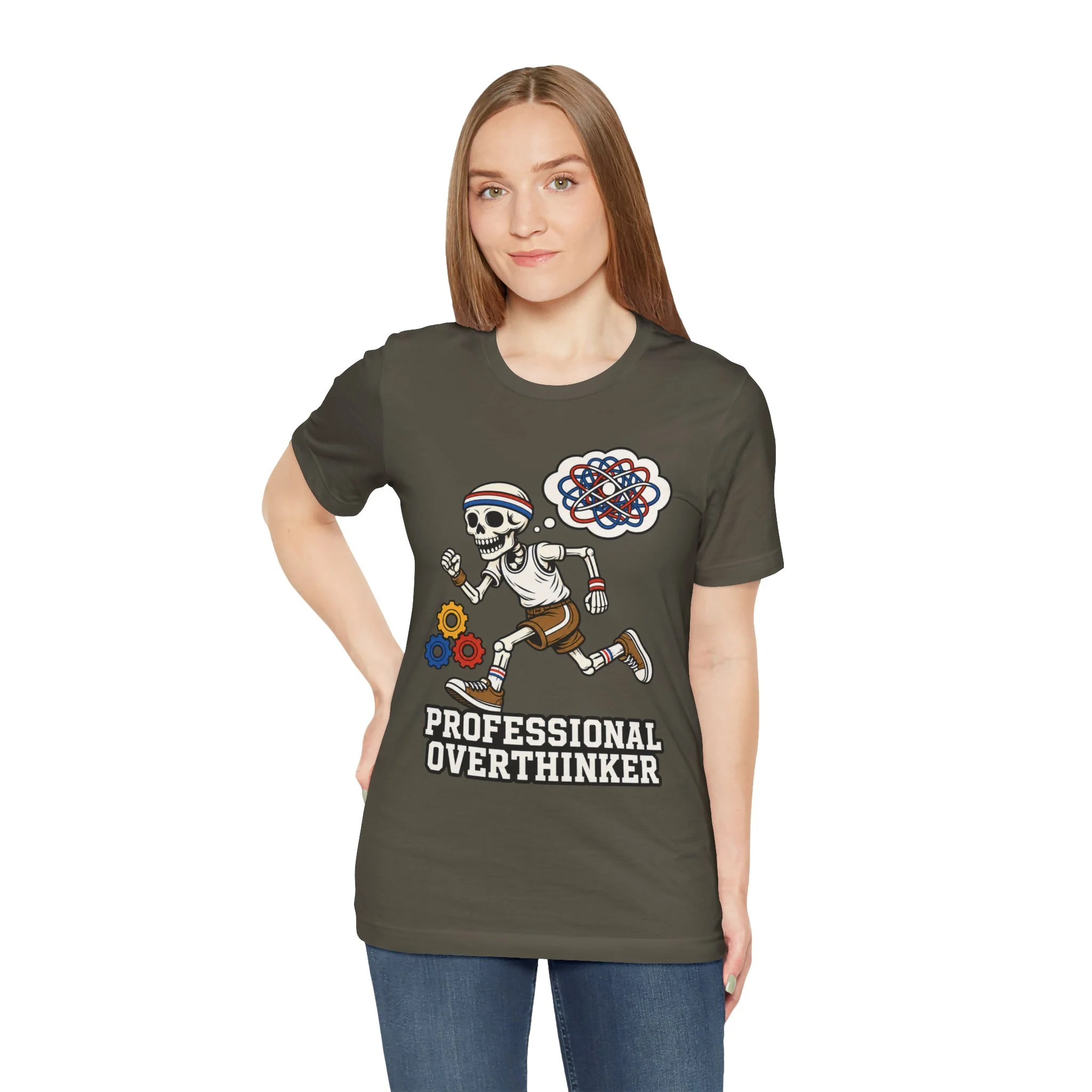 Second model wearing the olive-colored Professional Overthinker graphic T-shirt, shown from the front.