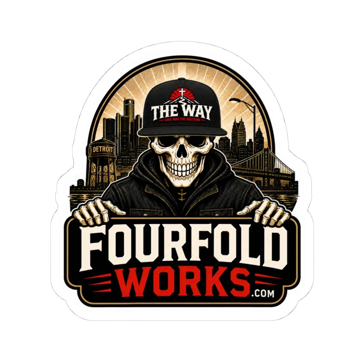Fourfold Works skull logo kiss-cut sticker with a hooded skeleton, The Way emblem and bold Fourfold Works lettering.