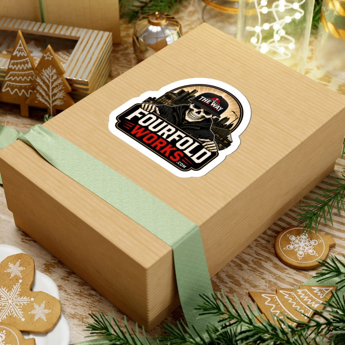 Fourfold Works skull logo sticker on a wrapped gift box in a festive setting.
