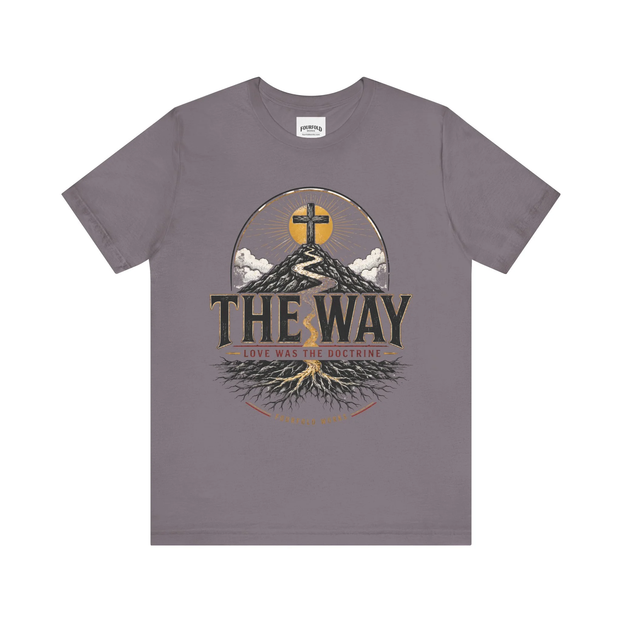 Front of the charcoal The Way faith T-shirt with cross-and-path artwork and The Way lettering.