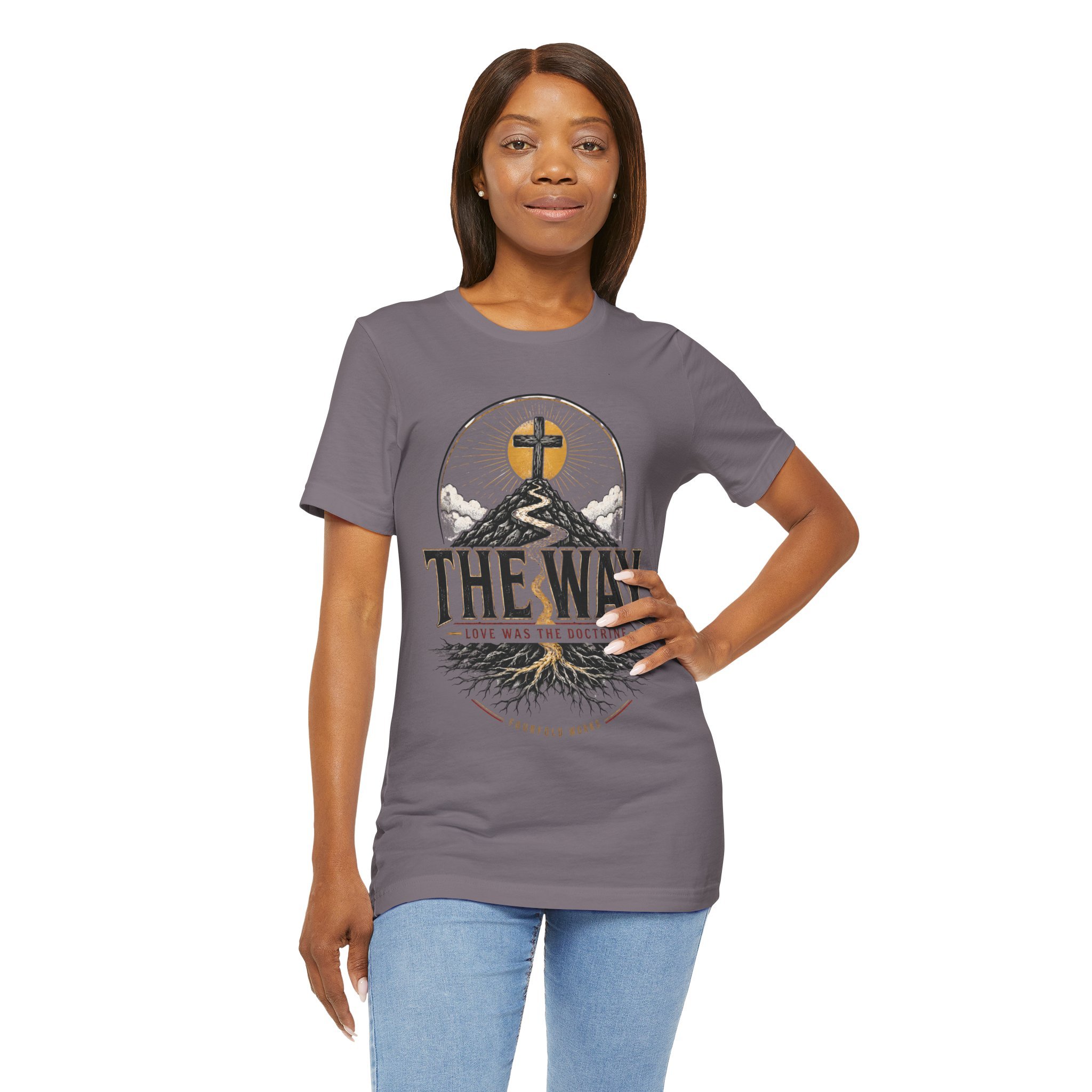 Second model wearing the charcoal The Way faith graphic T-shirt, shown from the front.