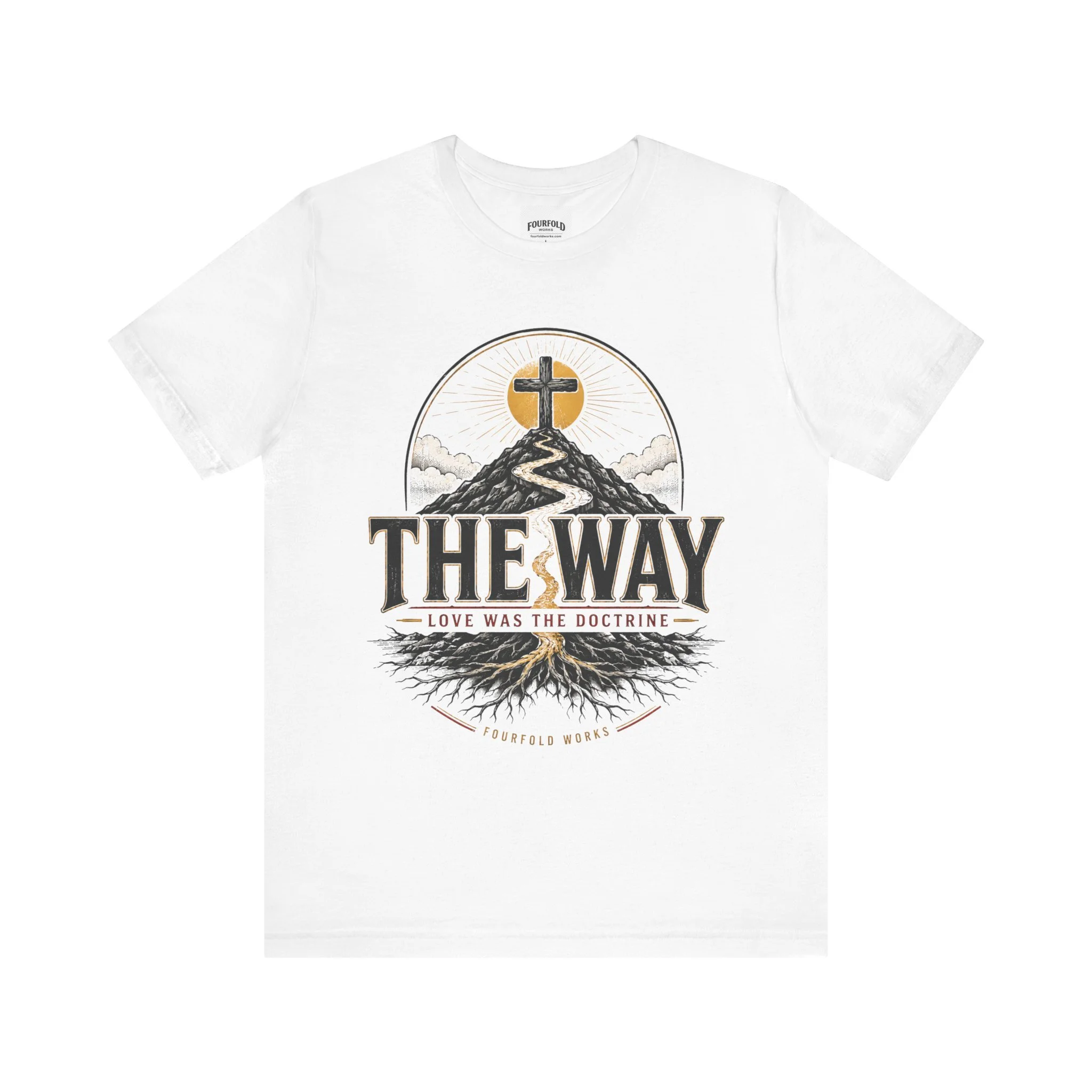 Front of the white The Way faith T-shirt with cross-and-path artwork.