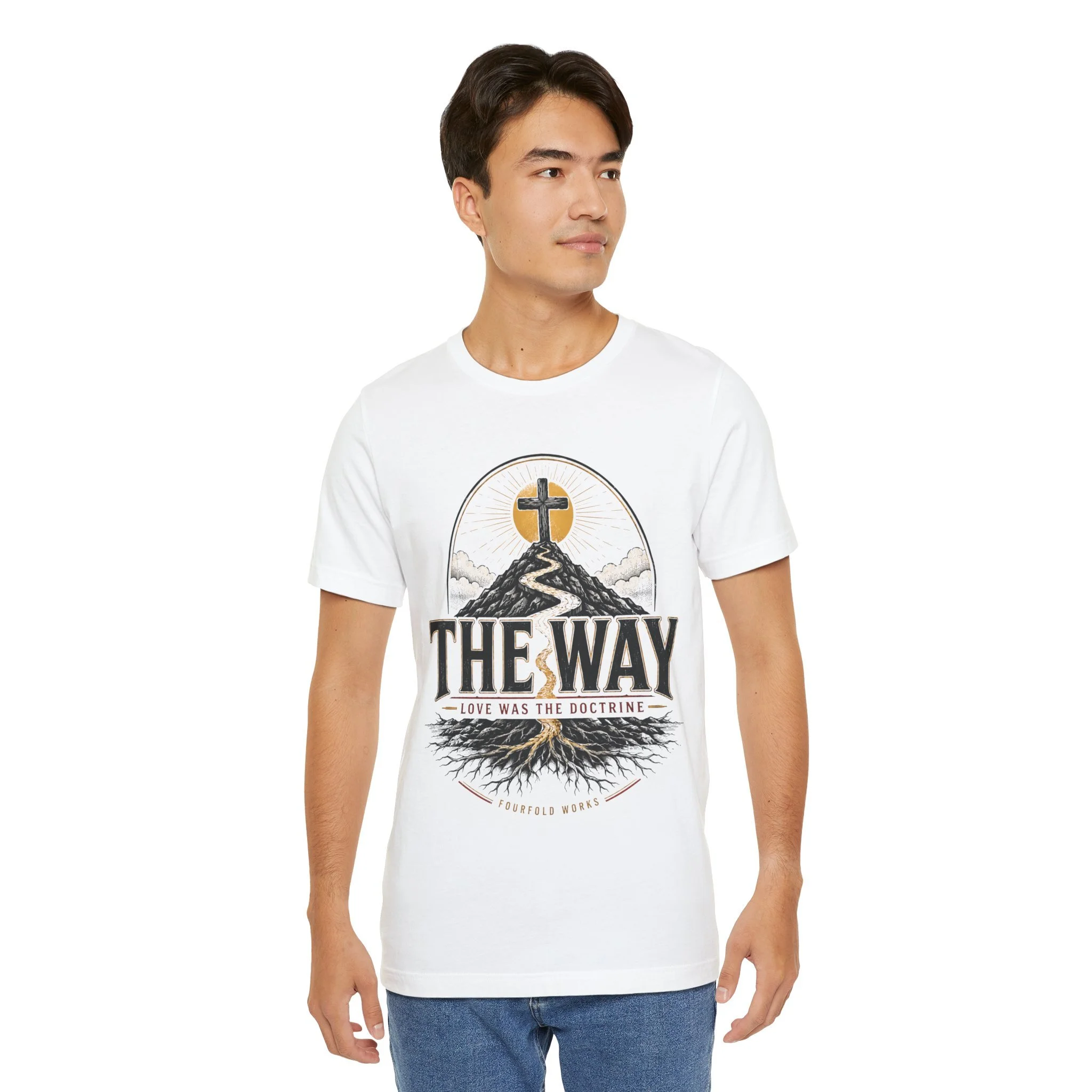 Model wearing the white The Way faith graphic T-shirt, shown from the front.