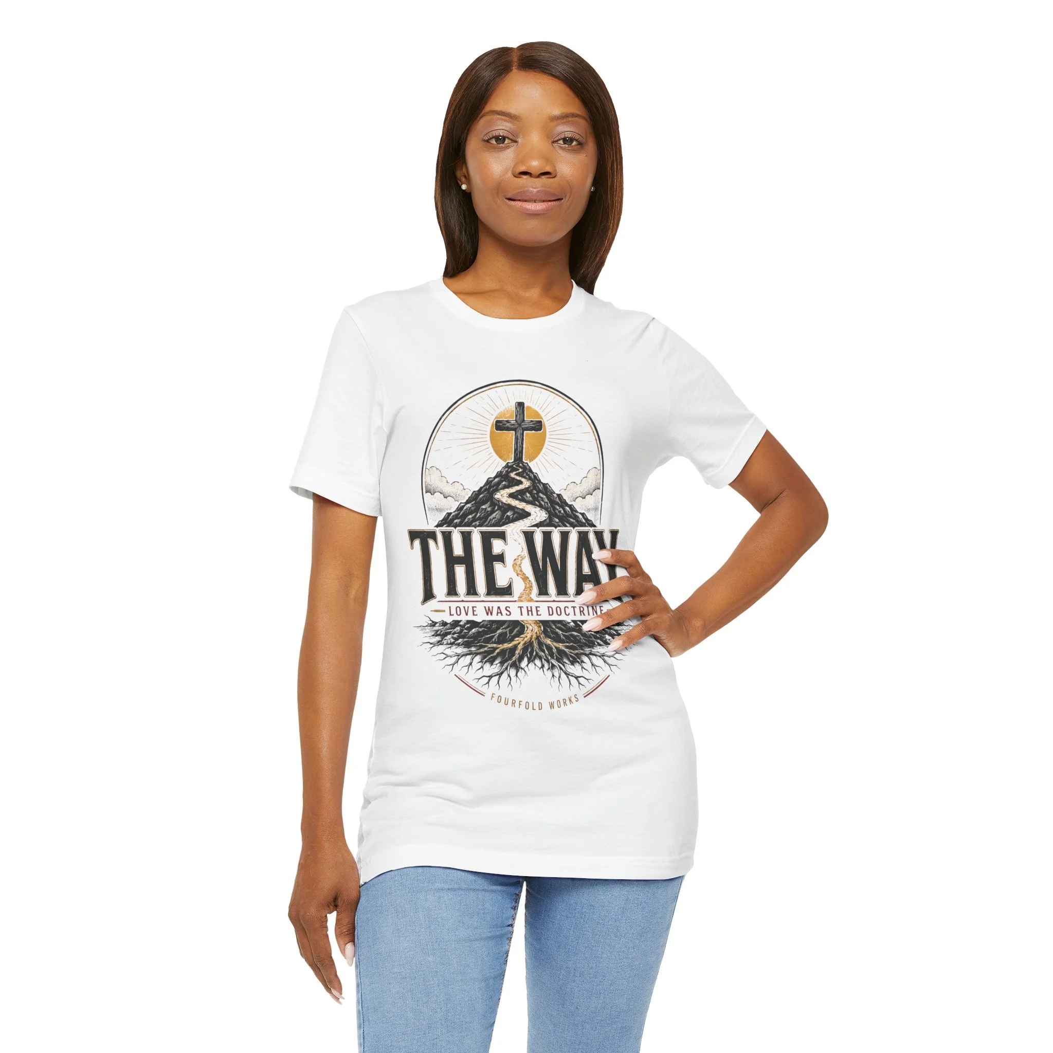 Second model wearing the white The Way faith graphic T-shirt, shown from the front.