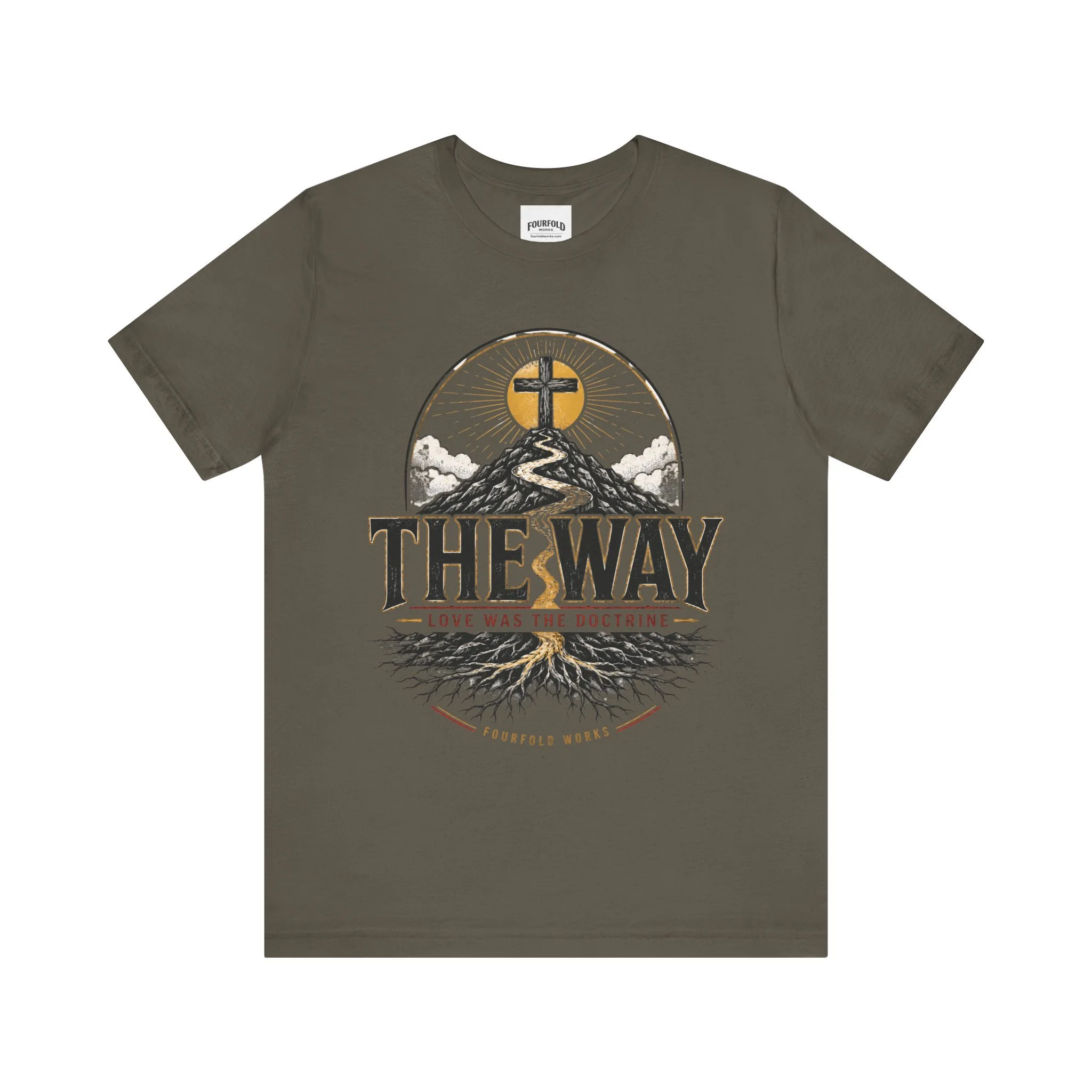 Front of the olive-colored The Way faith T-shirt with cross-and-path artwork.