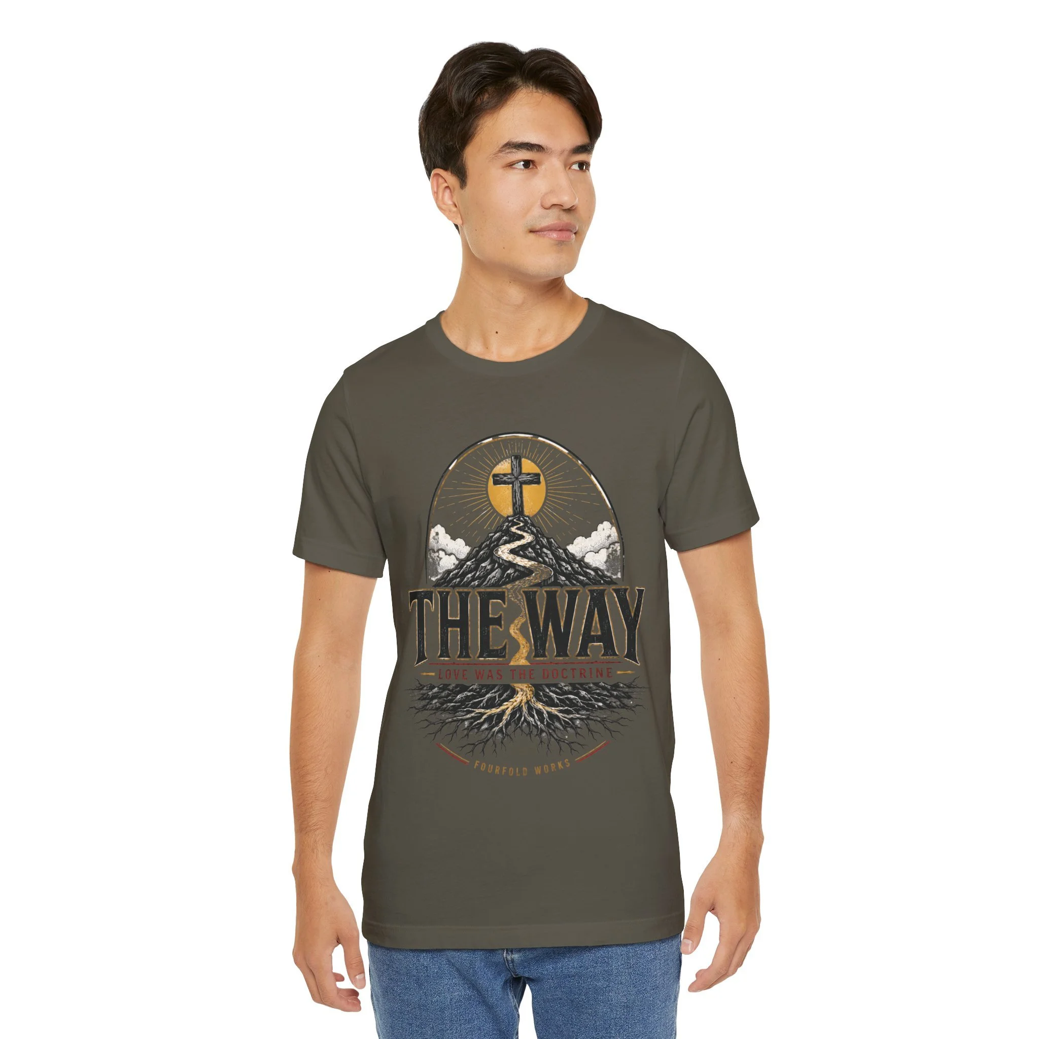 Model wearing the olive-colored The Way faith graphic T-shirt, shown from the front.