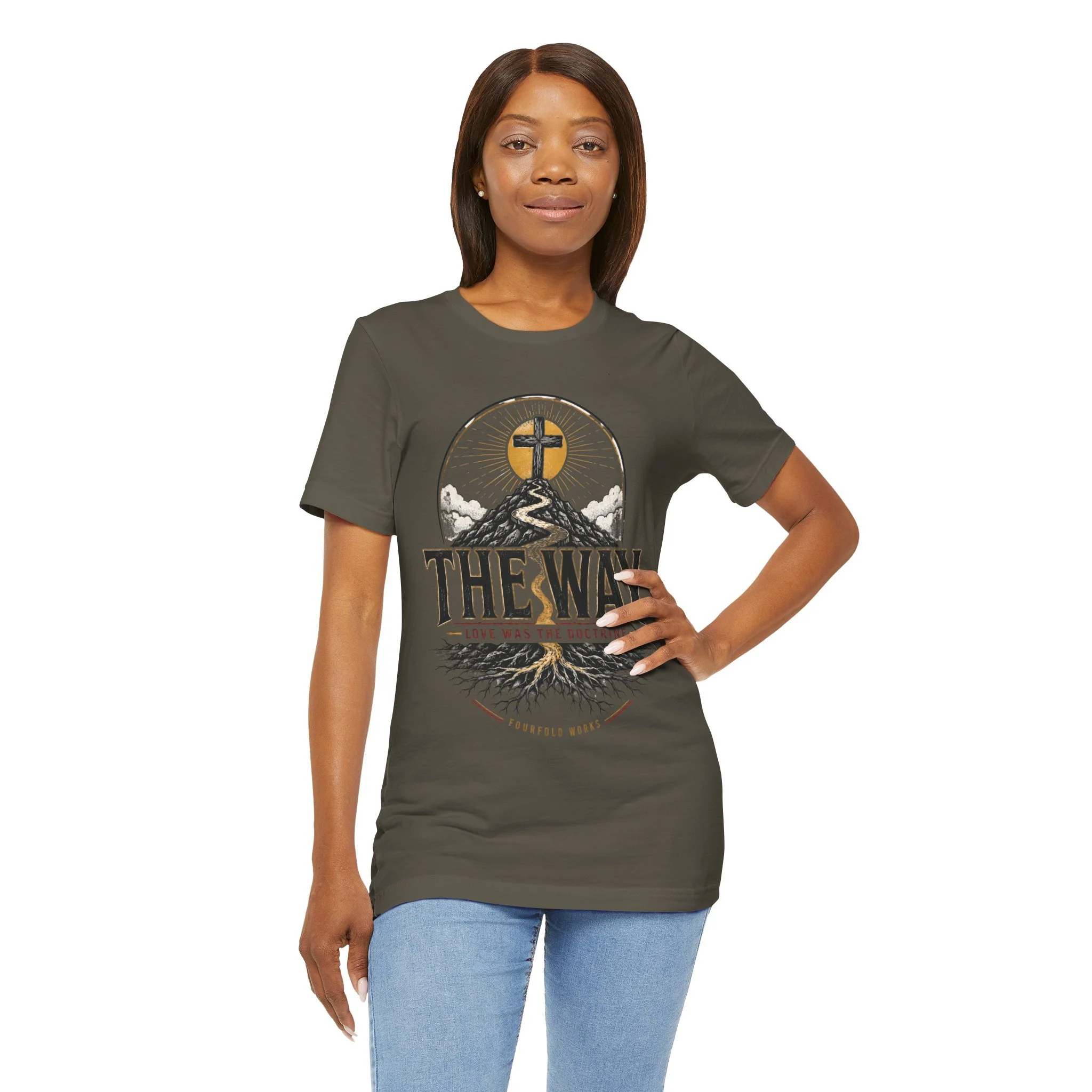 Second model wearing the olive-colored The Way faith graphic T-shirt, shown from the front.