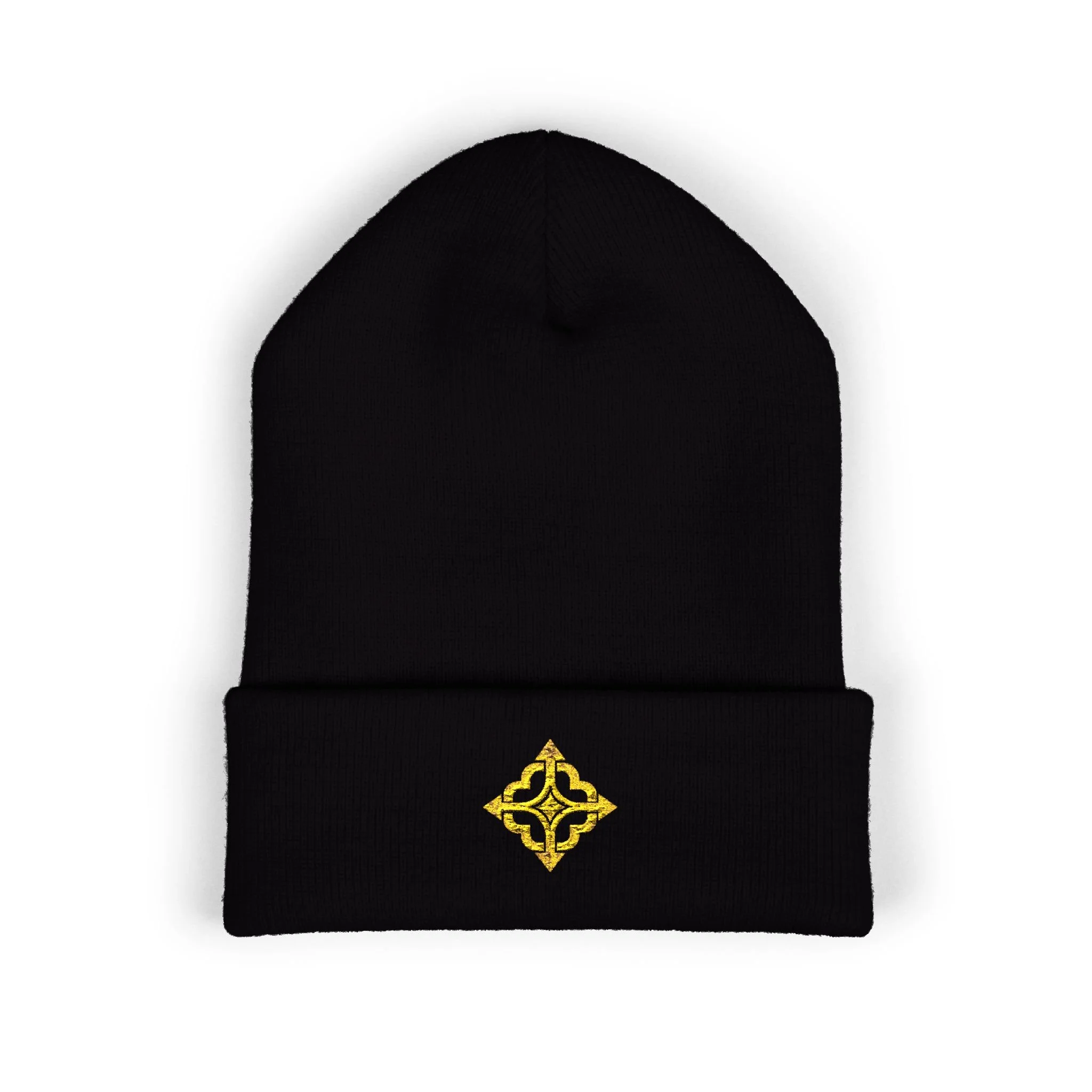 Front of the black Quiet Compass knit beanie with gold compass embroidery on the folded cuff.