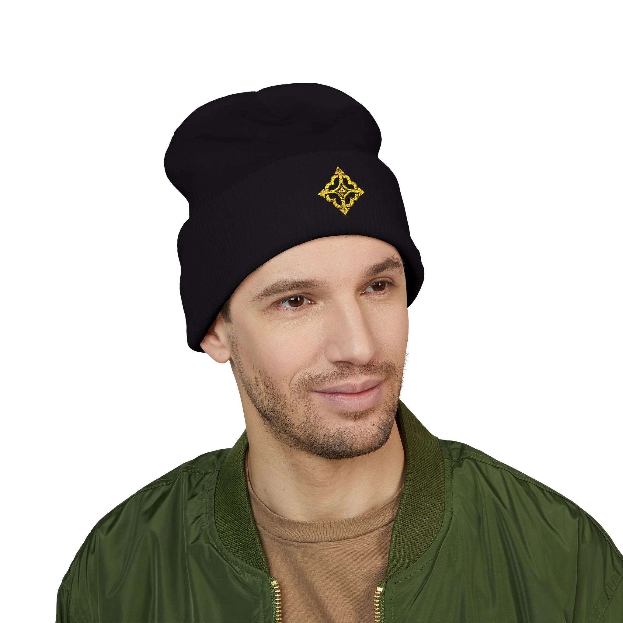 Second model wearing the black Quiet Compass beanie with front embroidery visible.