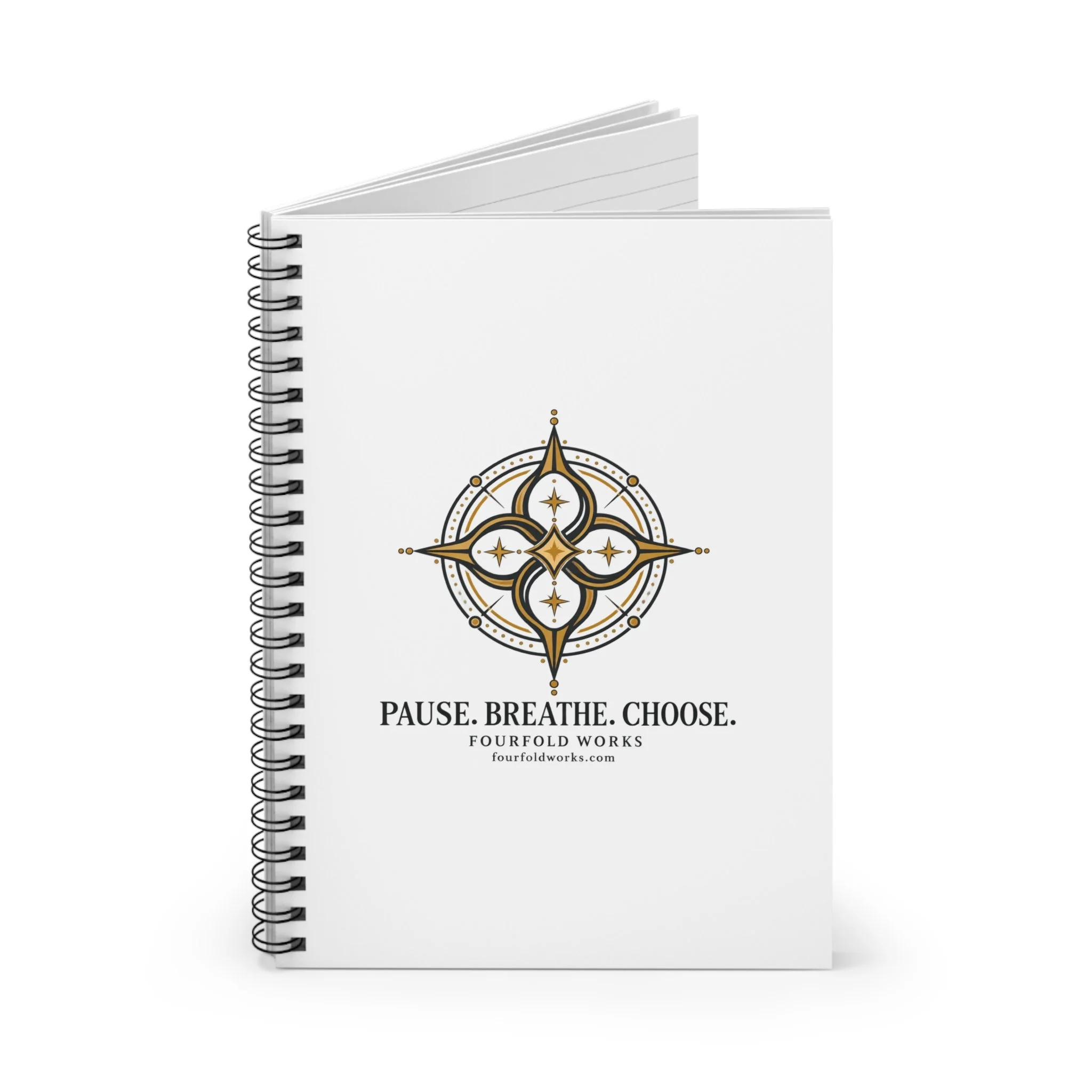 Fourfold Practice spiral notebook standing partly open, showing the printed front cover and wire binding.