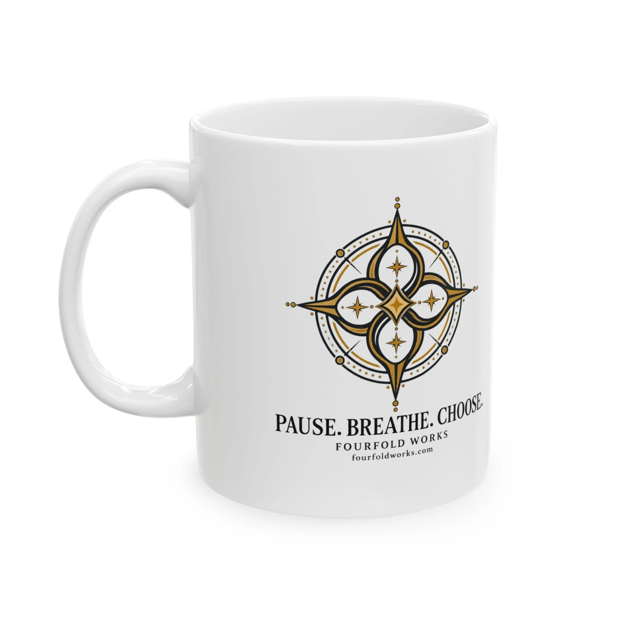 Opposite side of the white Pause. Breathe. Choose. mug, with the handle on the left and matching compass artwork.
