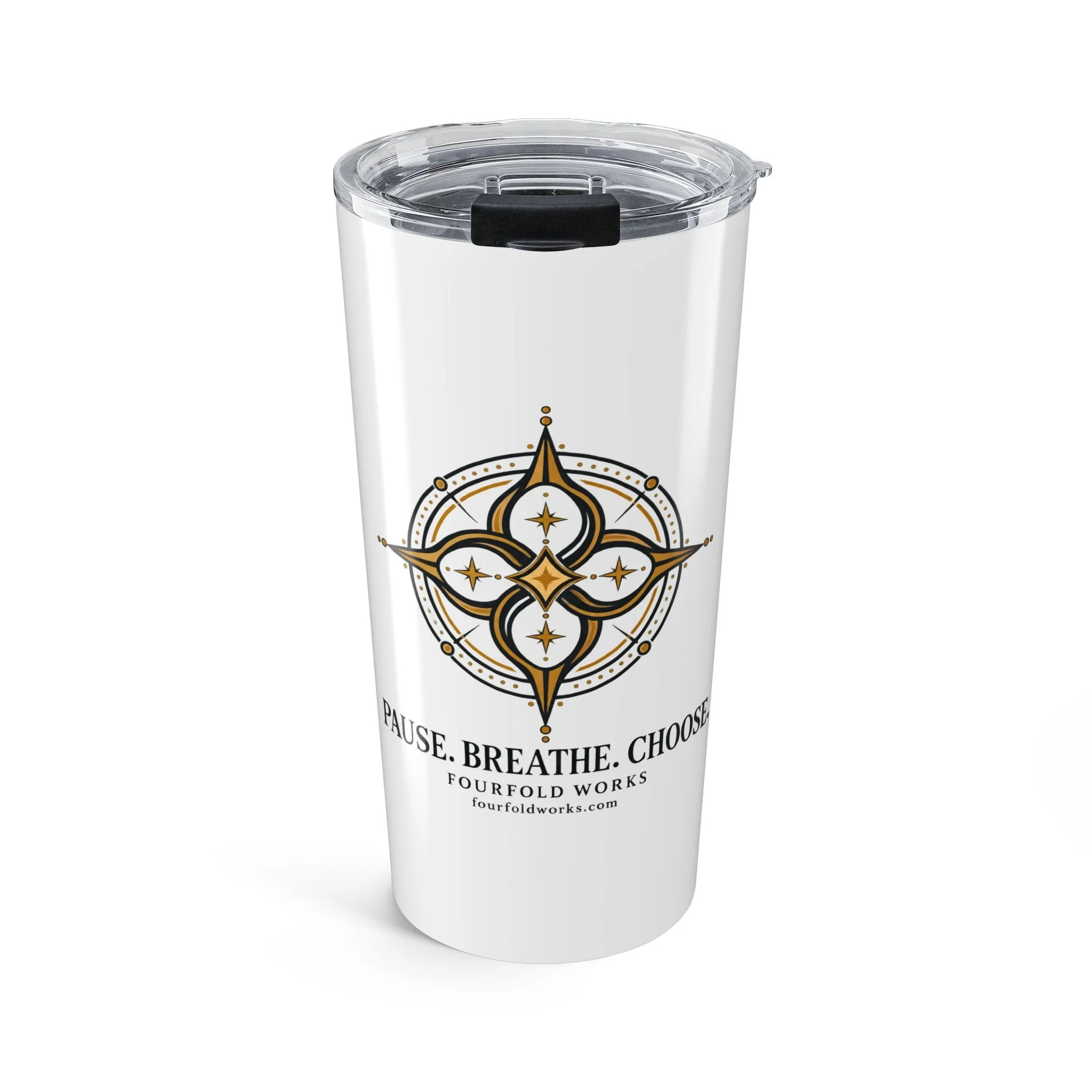 Front of the white Pause. Breathe. Choose. insulated tumbler with gold compass artwork and clear push-on lid.