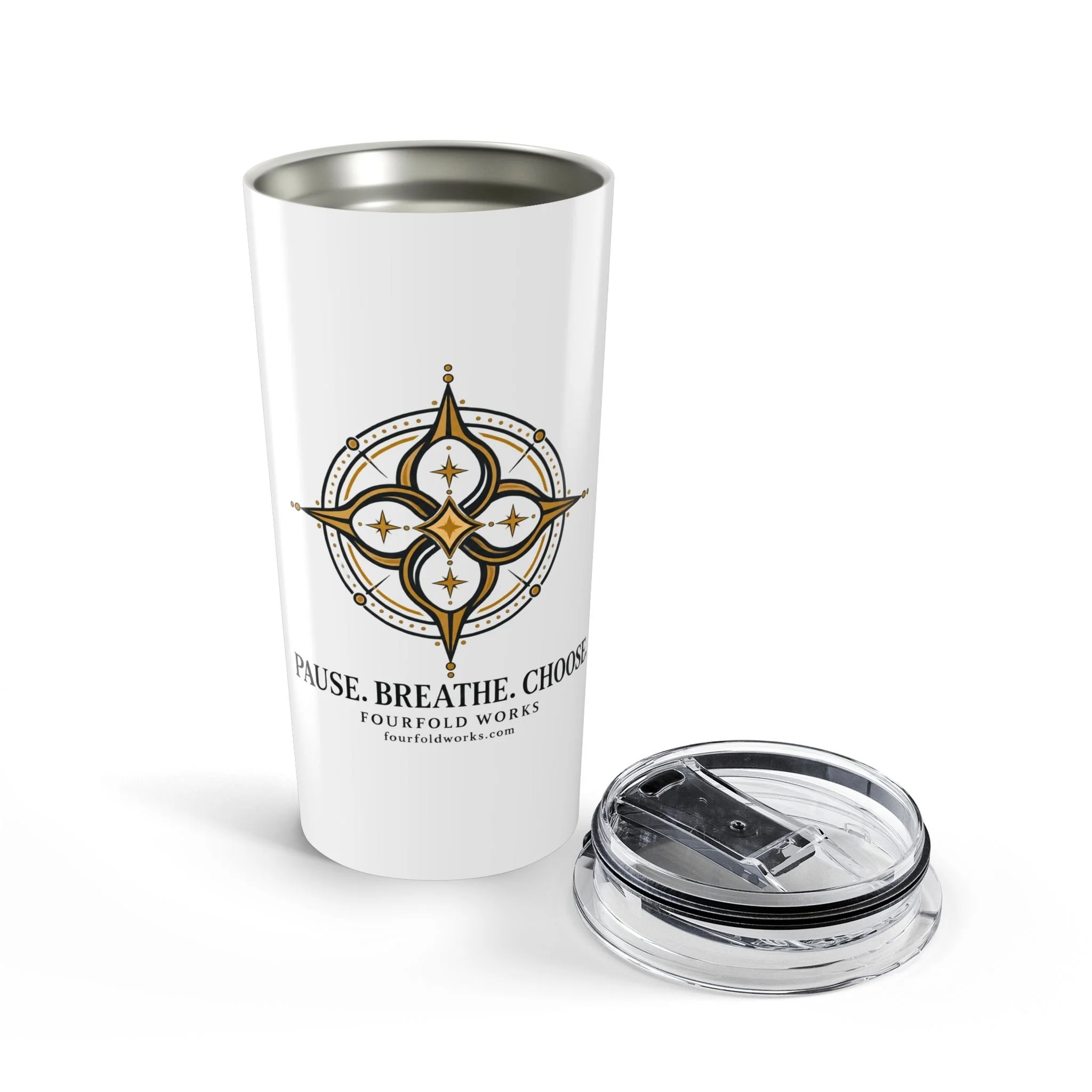 Pause. Breathe. Choose. tumbler with its lid removed, showing the stainless steel interior.