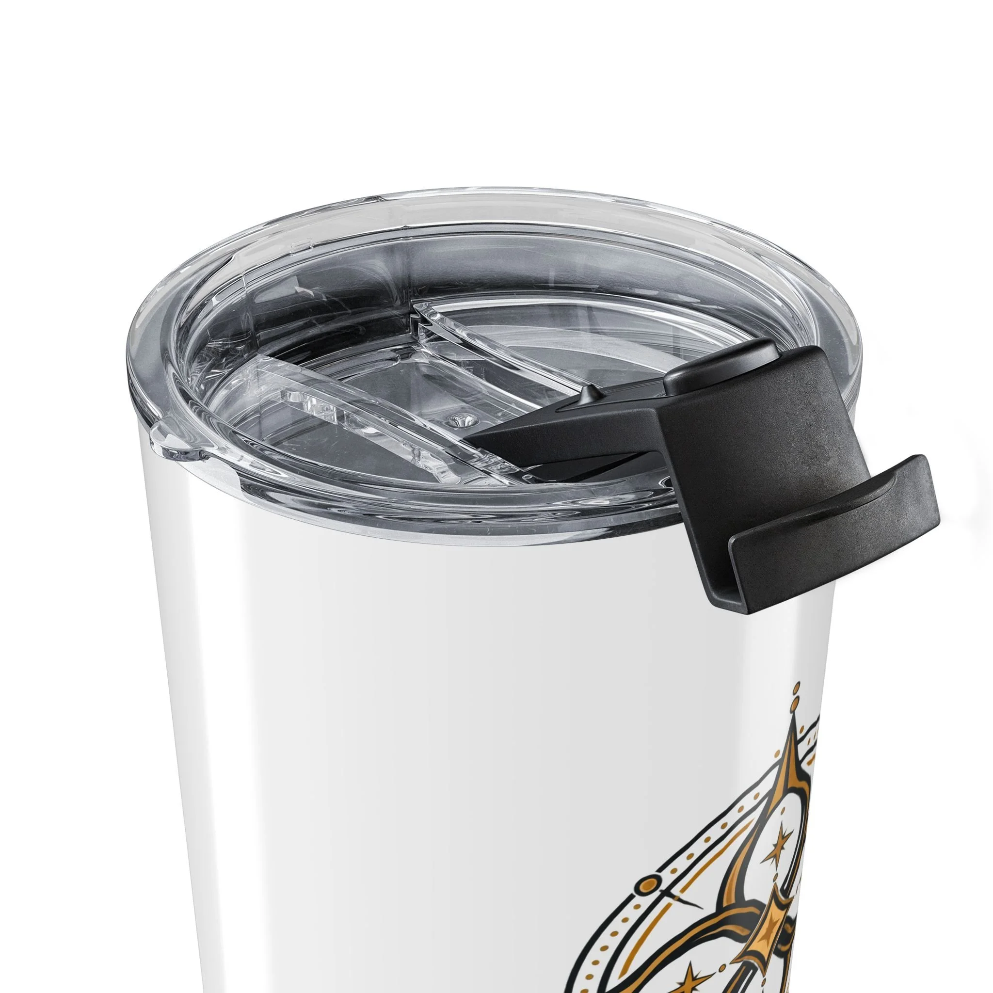 Close-up of the tumbler rim and clear push-on lid, with part of the compass graphic visible.