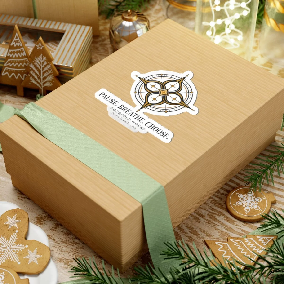 Pause. Breathe. Choose. compass sticker on a wrapped gift box in a festive setting.