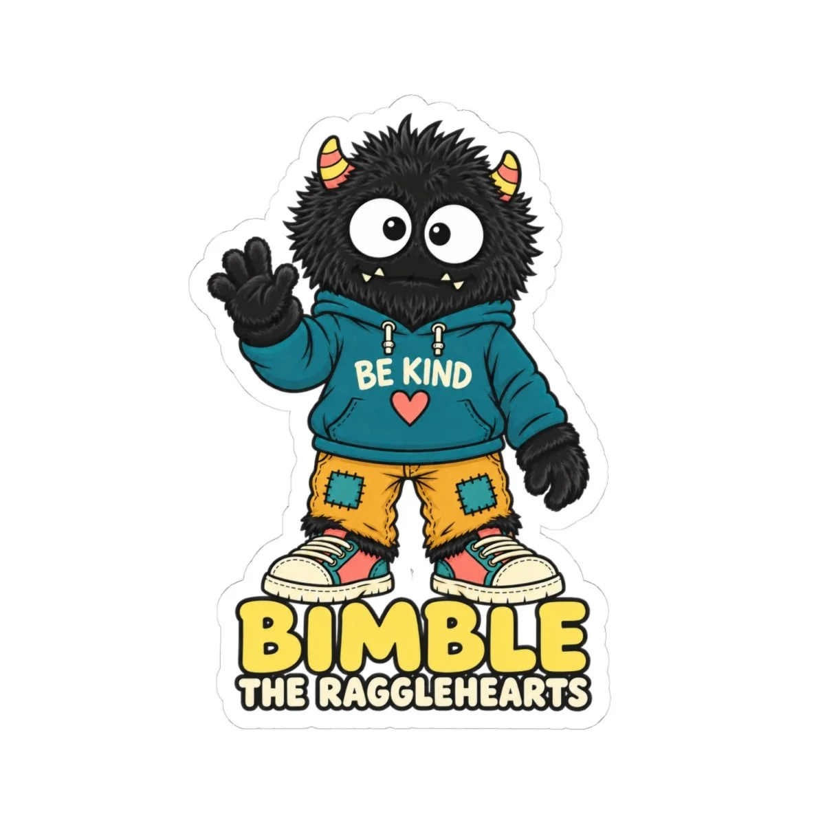 Bimble Ragglehearts kiss-cut sticker: black fur, striped horns, teal Be Kind hoodie, ochre patched trousers and Bimble lettering.