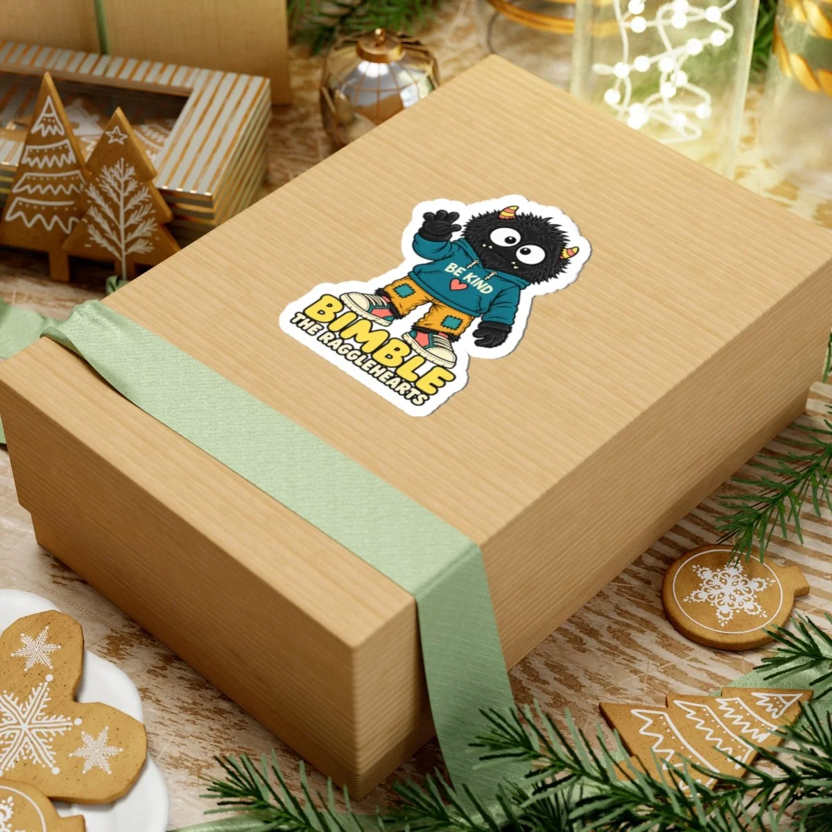 Bimble Be Kind Ragglehearts sticker on a wrapped gift box in a festive setting.