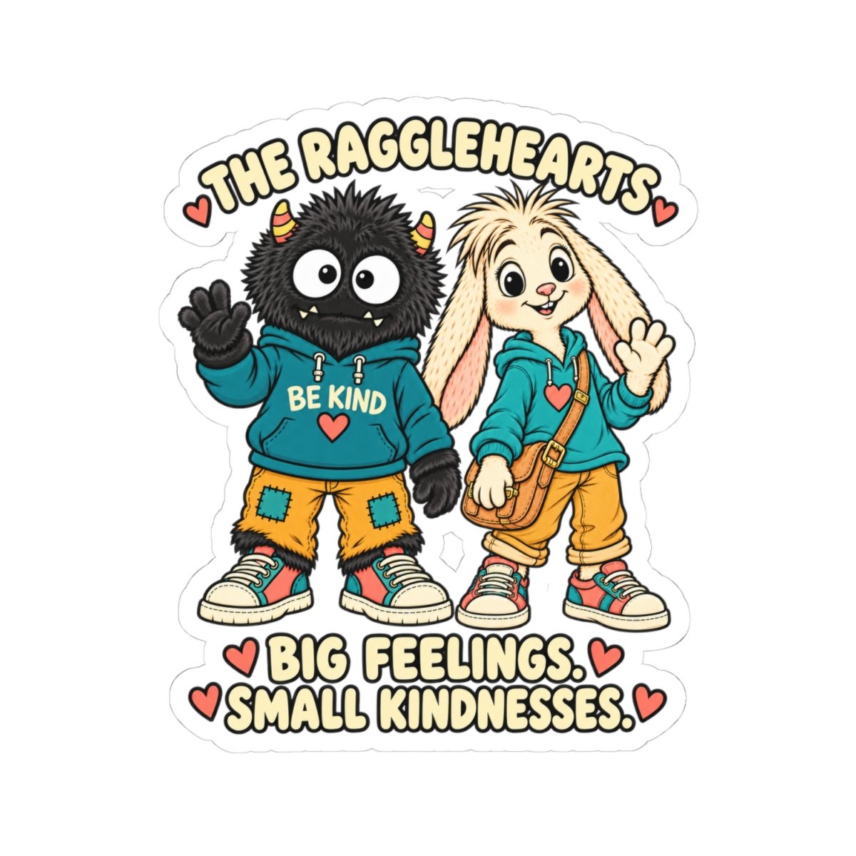 The Ragglehearts kiss-cut sticker with black-furred Bimble, cream-furred Loppin and Big Feelings. Small Kindnesses. lettering.