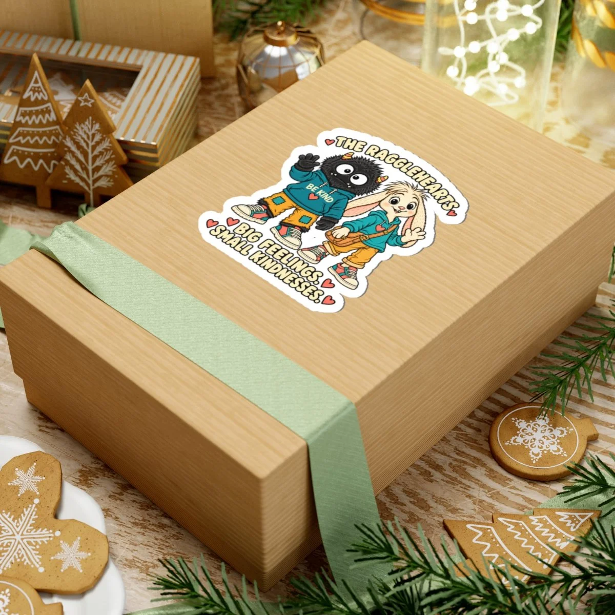Bimble and Loppin Big Feelings. Small Kindnesses. sticker on a wrapped gift box in a festive setting.
