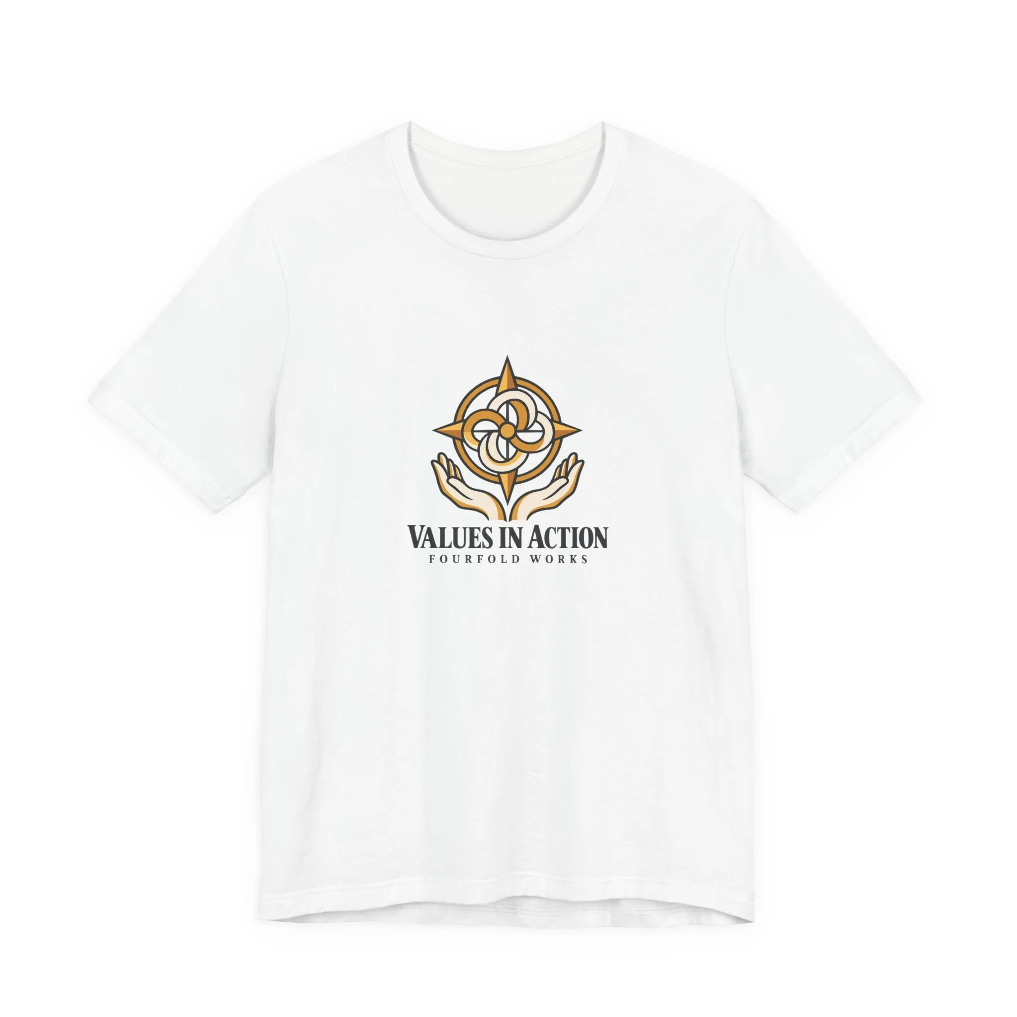 Front of the white Values in Action T-shirt with gold-and-charcoal compass held in open hands and Fourfold Works lettering.