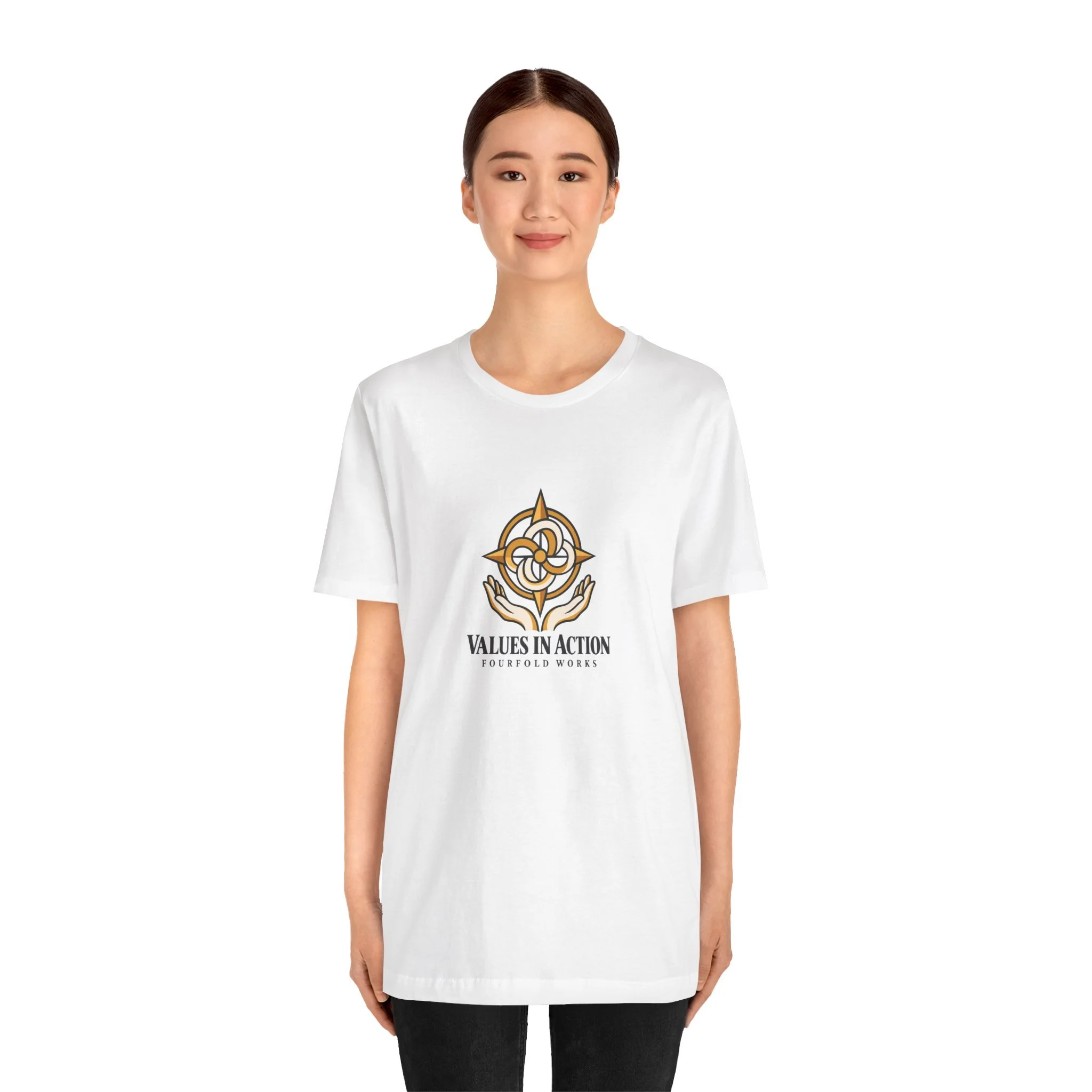 Model wearing the white Values in Action Fourfold Works T-shirt, shown from the front.