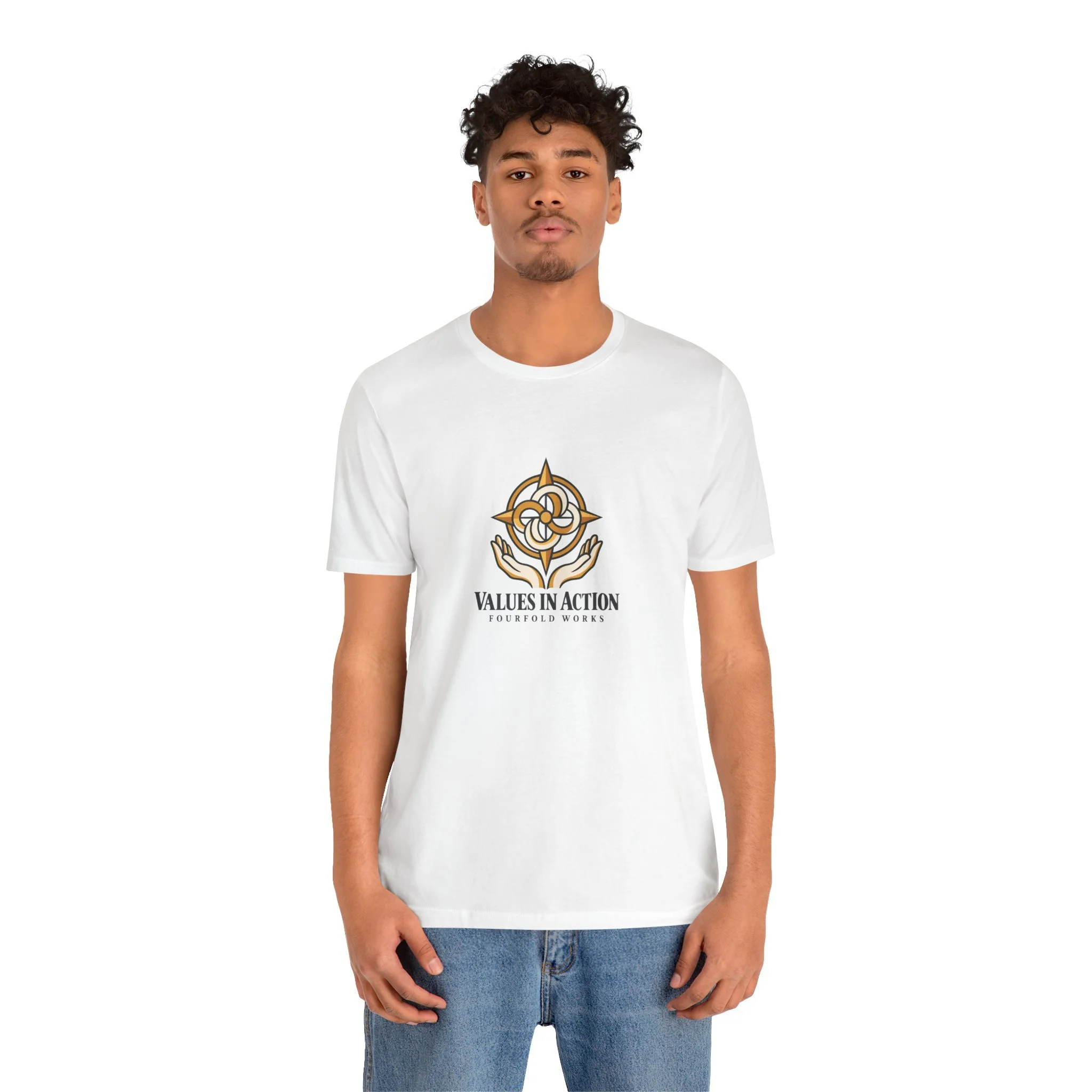 Second model wearing the white Values in Action Fourfold Works T-shirt, shown from the front.