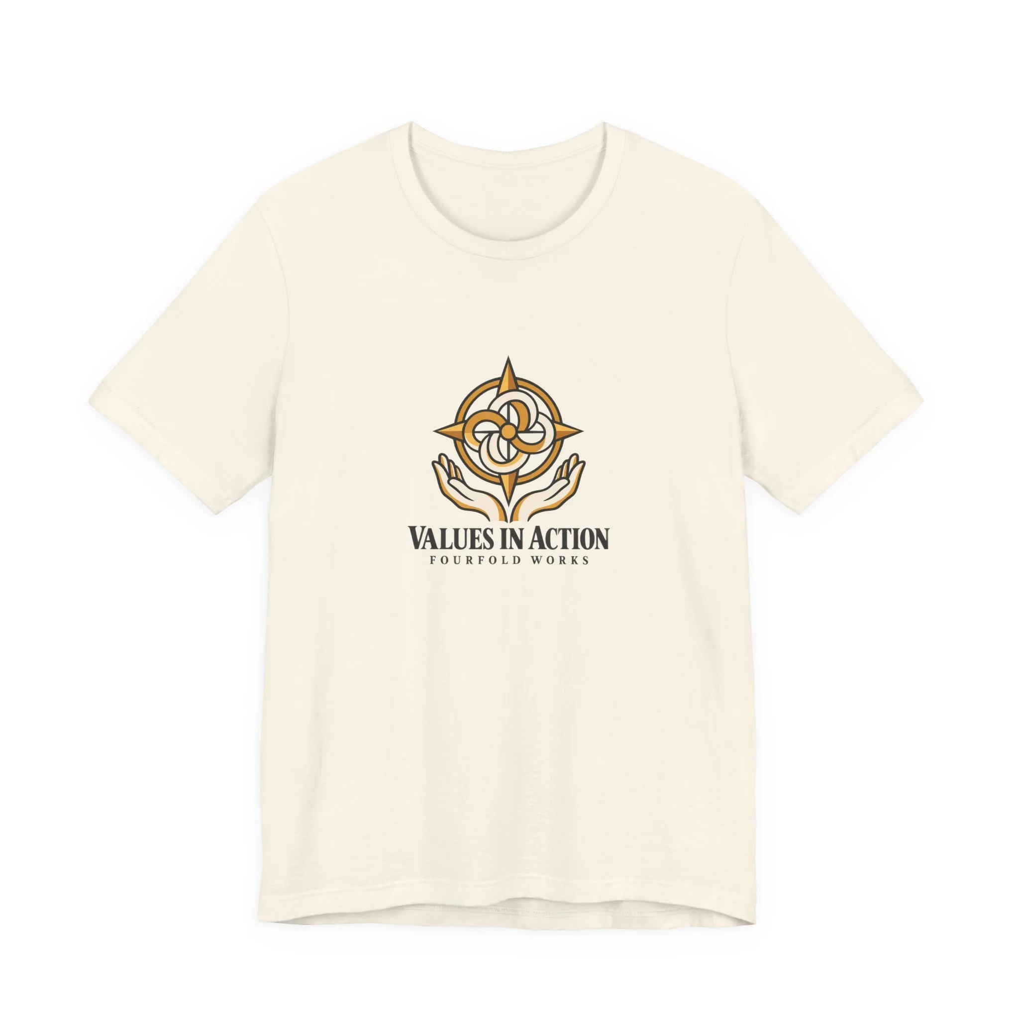 Front of the natural-colored Values in Action T-shirt with gold-and-charcoal compass held in open hands.