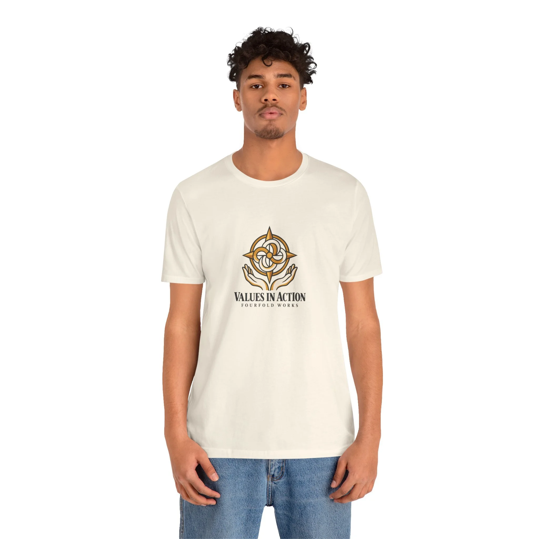Second model wearing the natural-colored Values in Action Fourfold Works T-shirt, shown from the front.