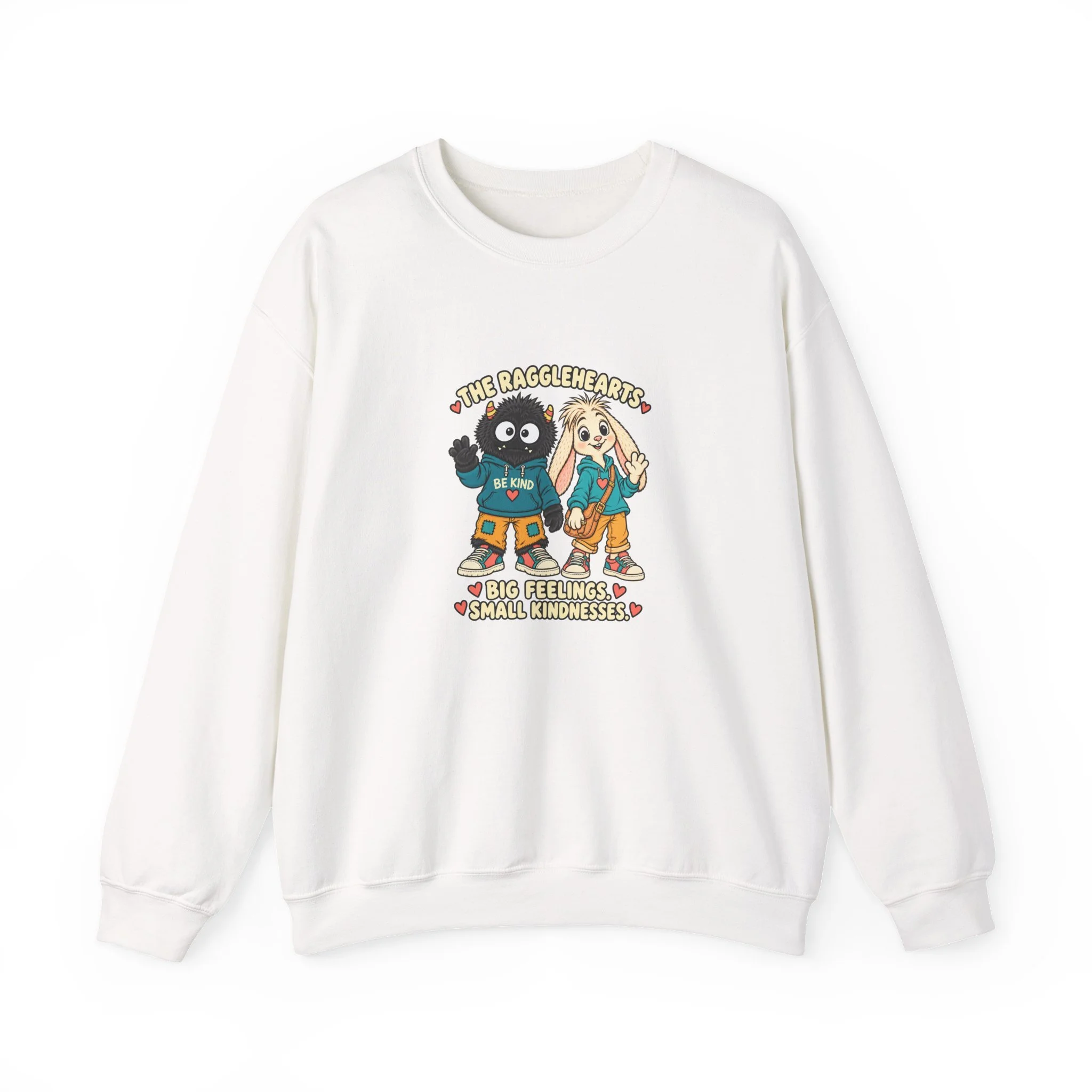Front of the white Ragglehearts sweatshirt with black-furred Bimble, cream-furred Loppin and Big Feelings. Small Kindnesses. lettering.