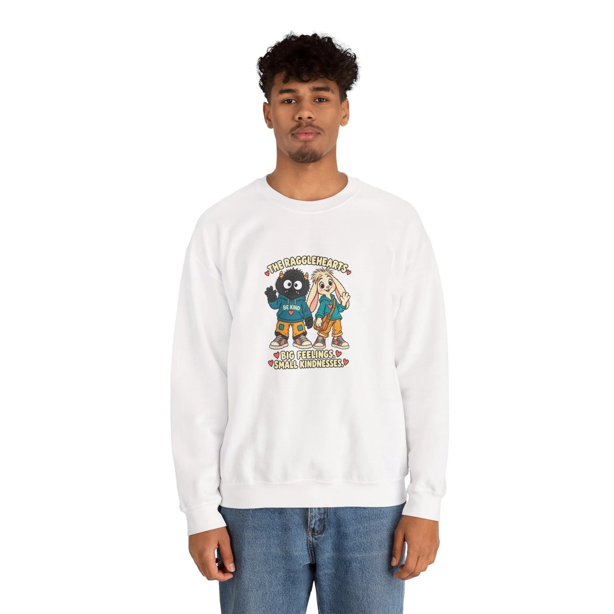 Second model wearing the white Ragglehearts Big Feelings. Small Kindnesses. sweatshirt, shown from the front.
