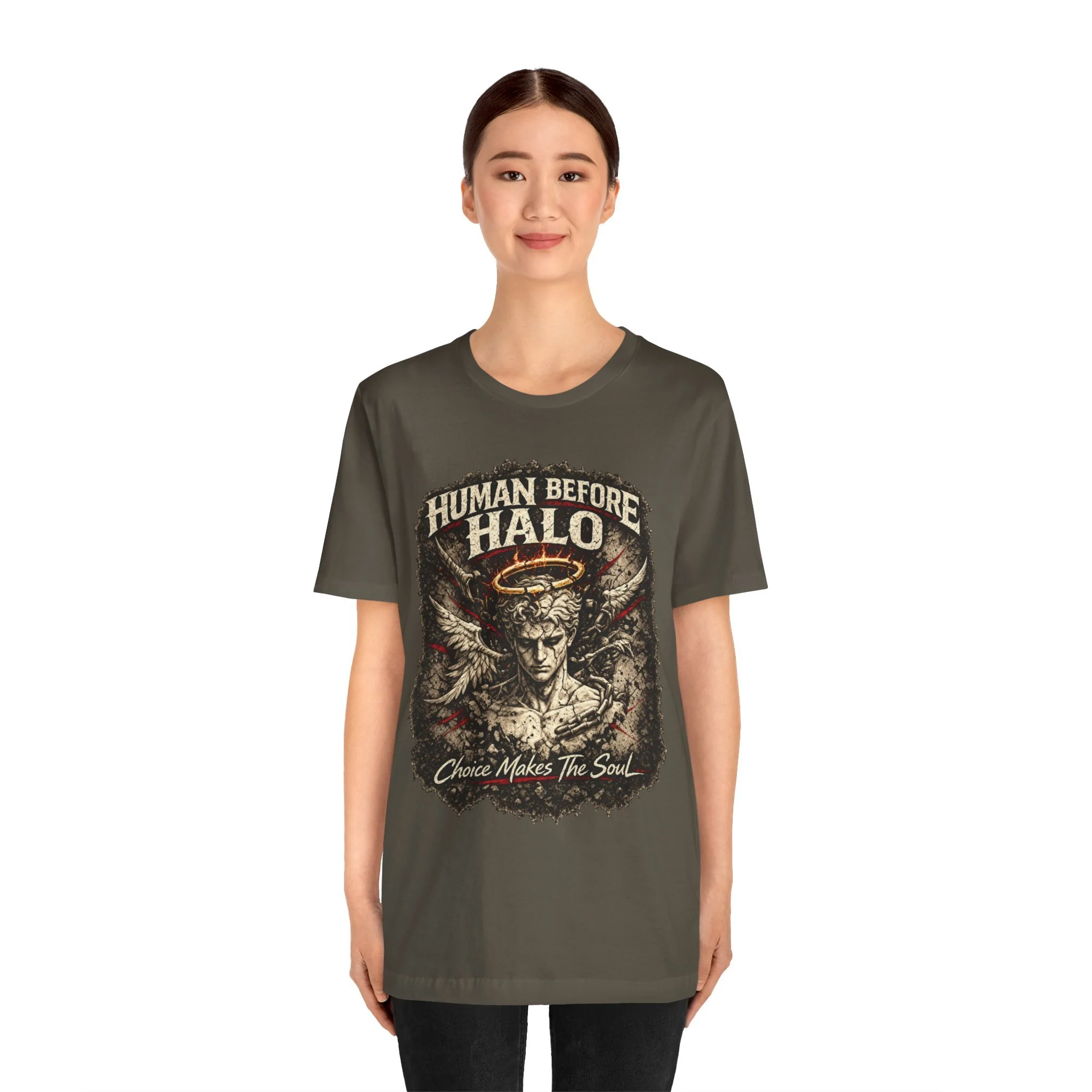 Human Before Halo graphic T-shirt with a classical figure, wings and Choice Makes The Soul lettering.