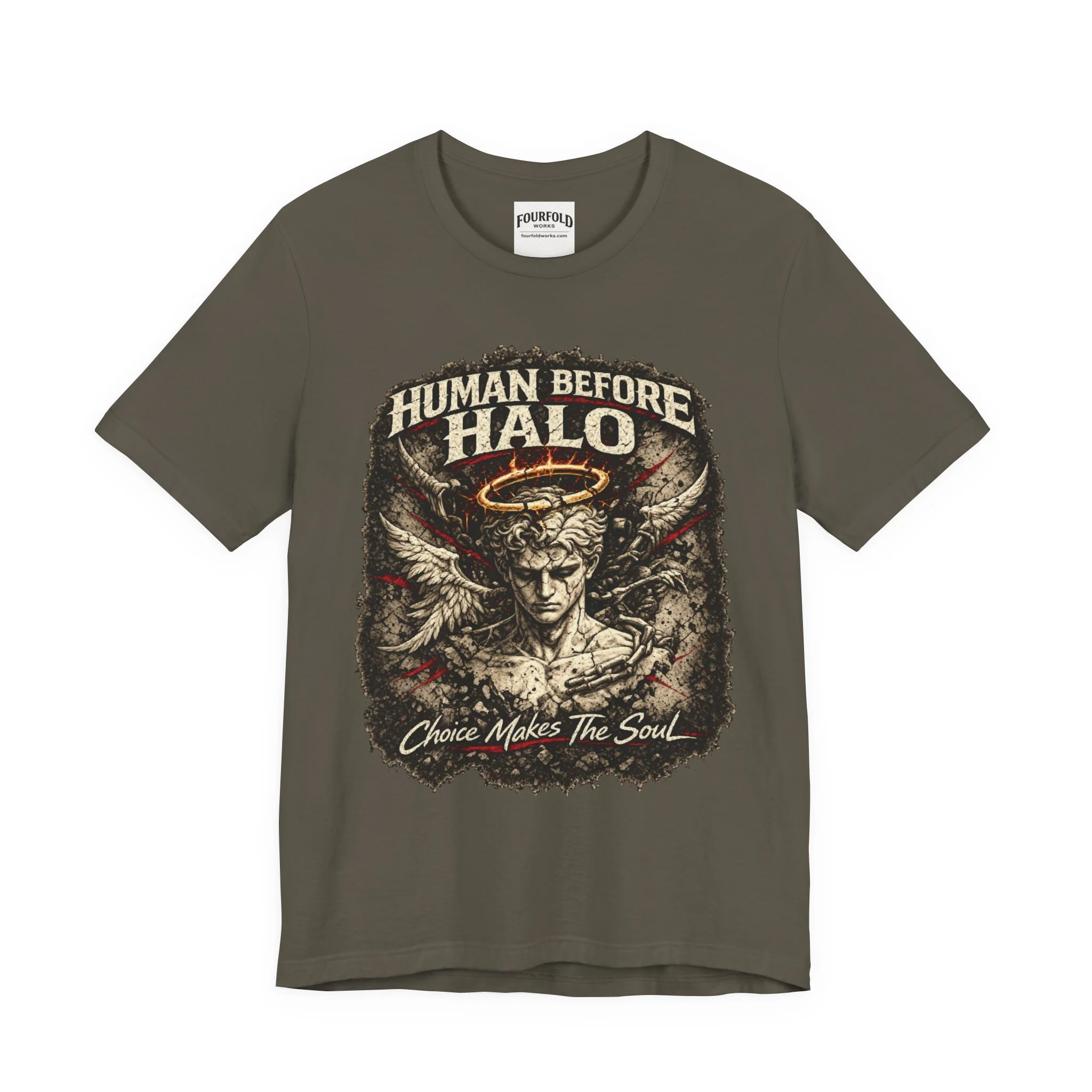 Front of the Army Human Before Halo Bella+Canvas 3001 T-shirt with enlarged angel-and-halo graphic and complete lettering.
