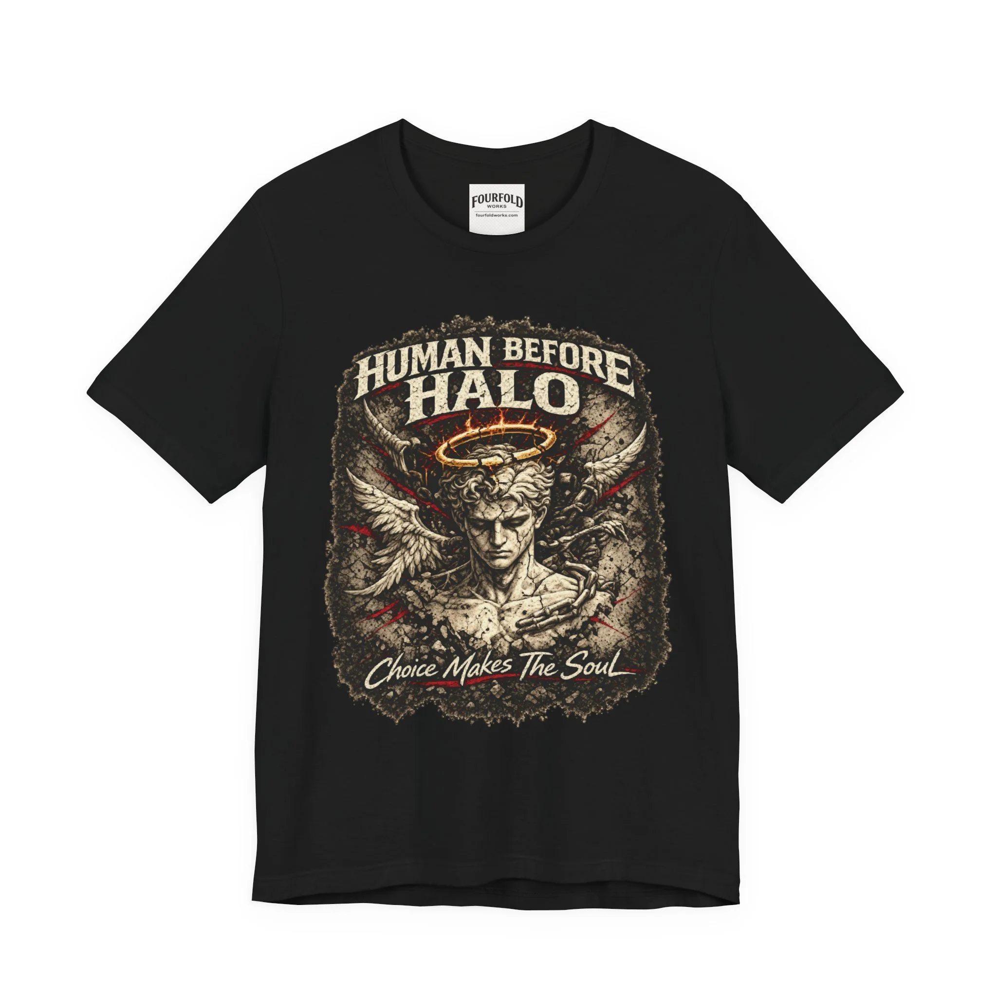 Front of the Black Human Before Halo Bella+Canvas 3001 T-shirt with enlarged angel-and-halo graphic and complete lettering.