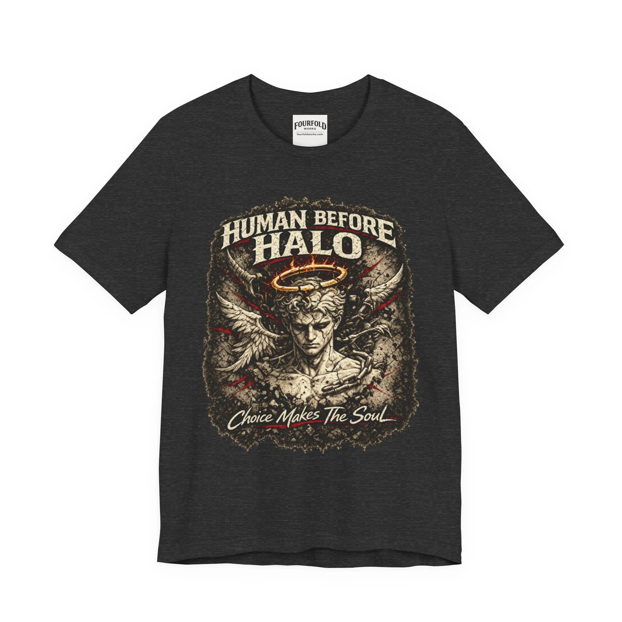 Front of the Dark Grey Heather Human Before Halo Bella+Canvas 3001 T-shirt with enlarged angel-and-halo graphic and complete lettering.