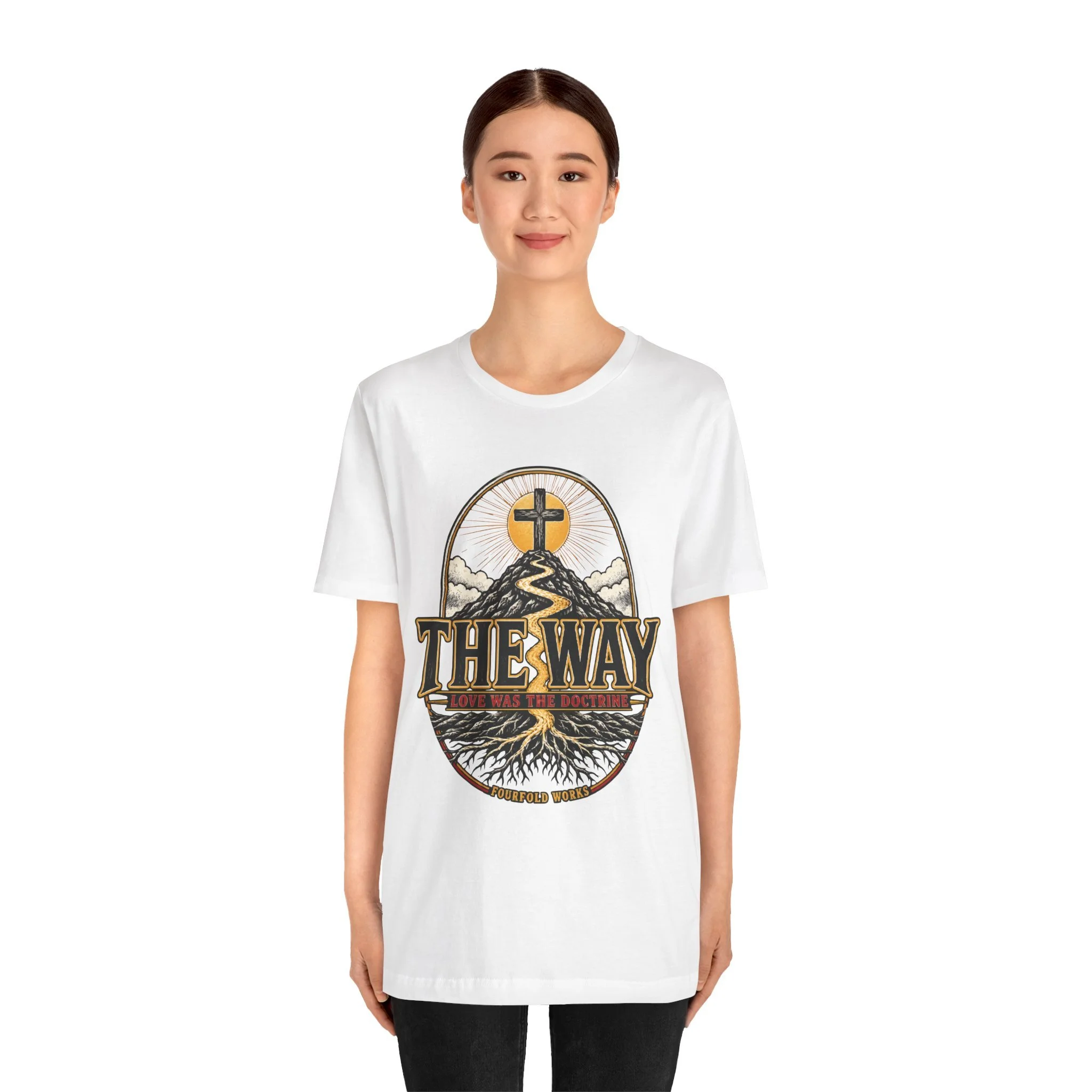 The Way faith cross graphic T-shirt with corrected crest and roots artwork and Love Was the Doctrine lettering.