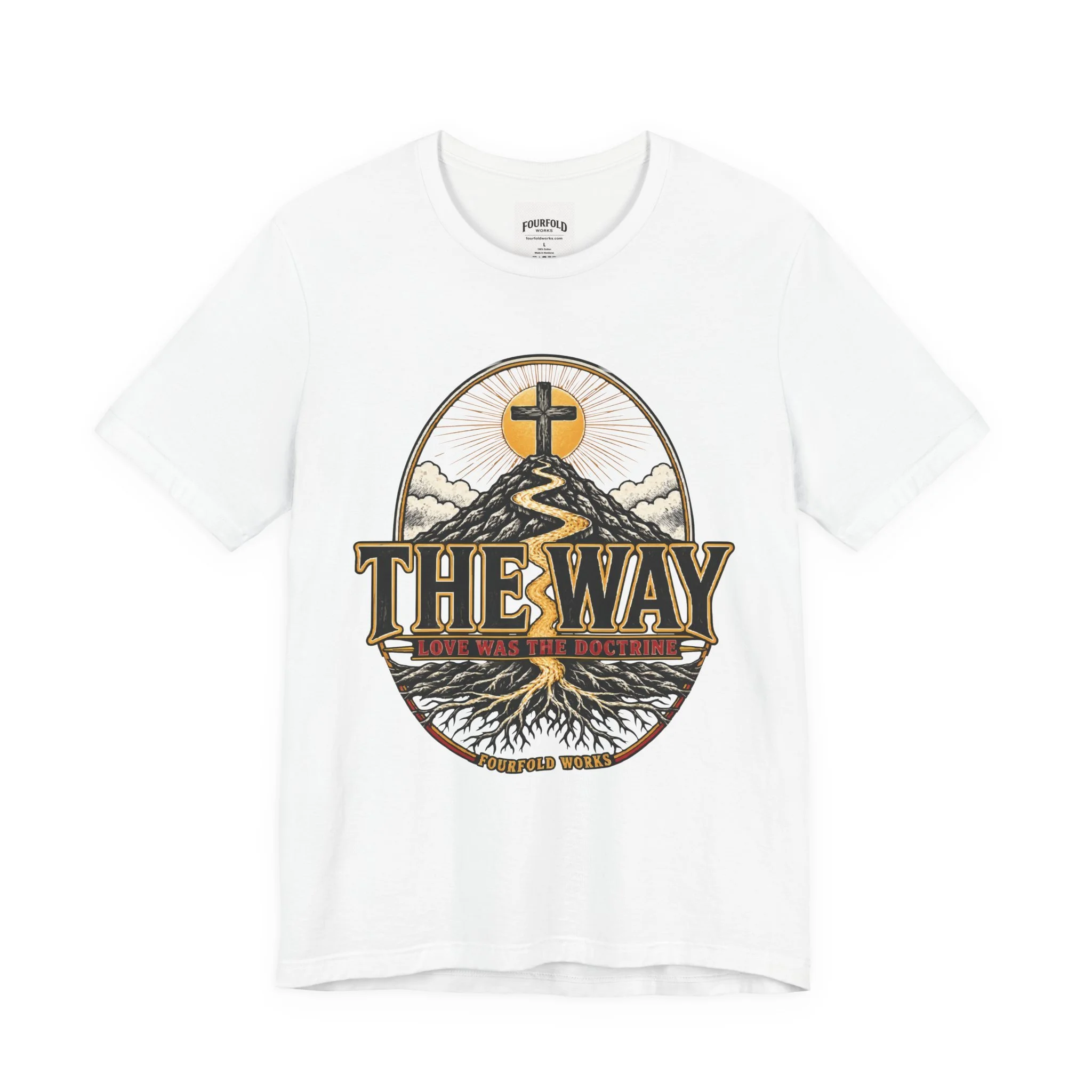 Front of the White The Way Bella+Canvas 3001 T-shirt with enlarged approved V2 crest and corrected root artwork.