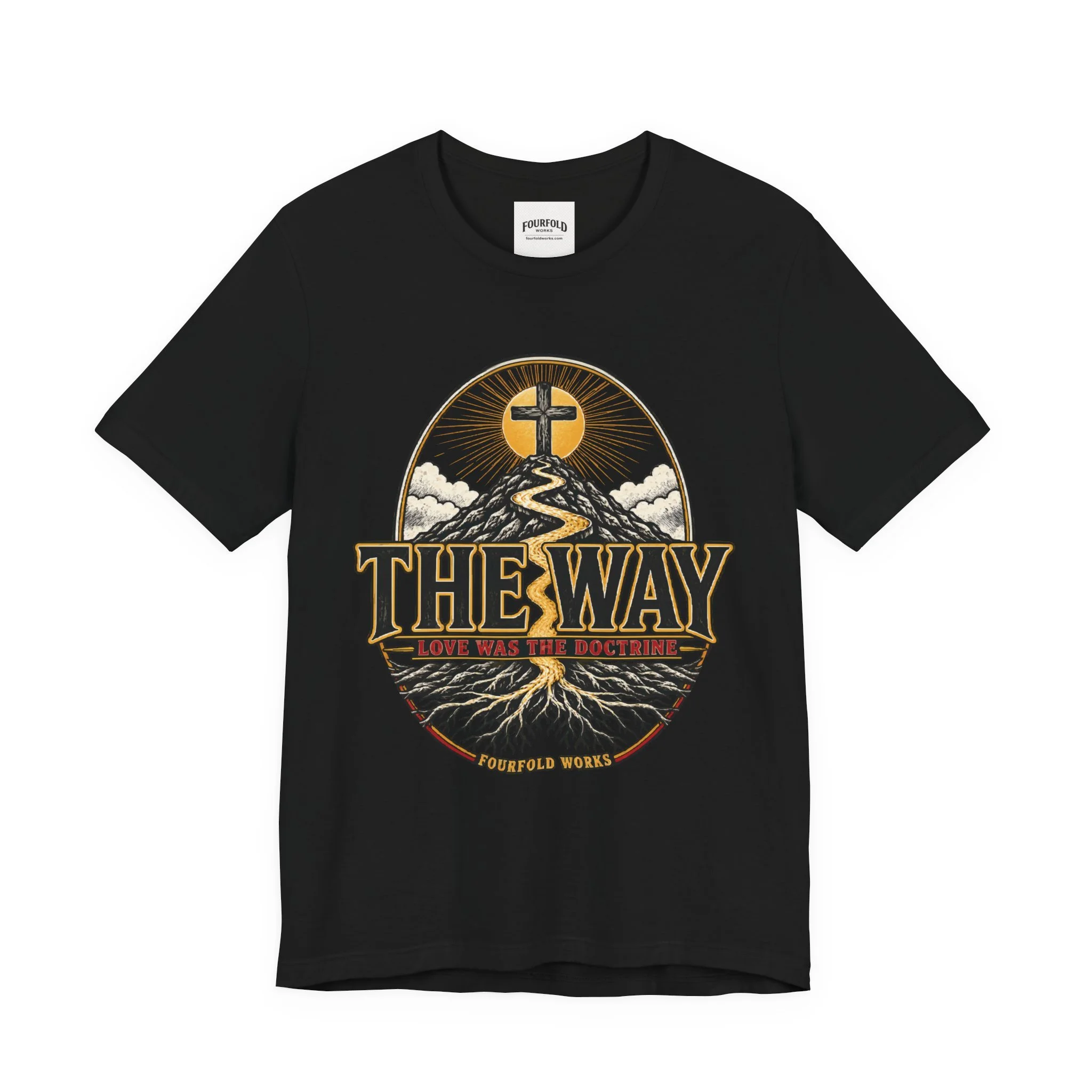Front of the Black The Way Bella+Canvas 3001 T-shirt with enlarged approved V2 crest and corrected root artwork.