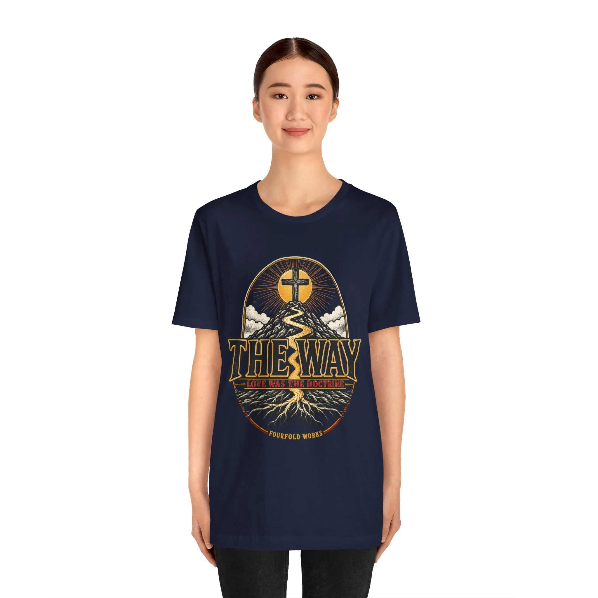 Navy The Way T-shirt modeled from the front, showing the approved V2 crest, cross and corrected roots with complete wording.