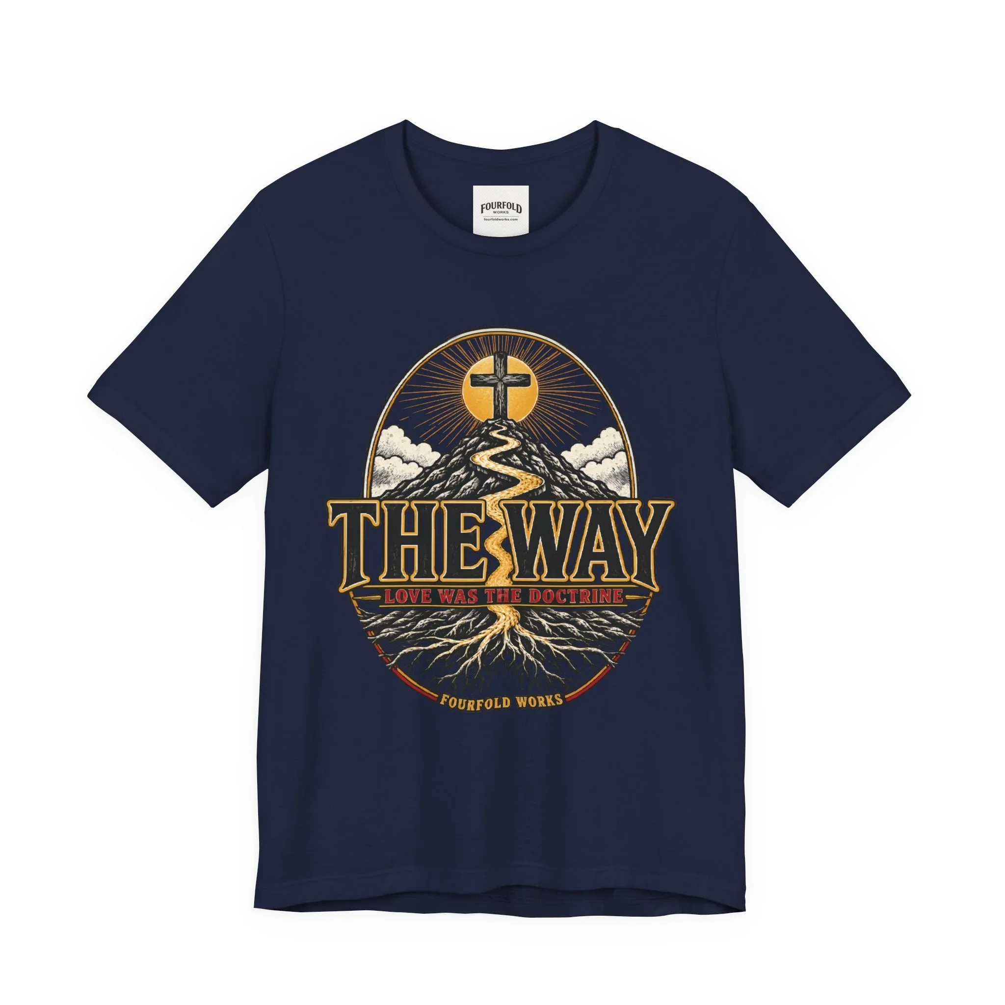 Front of the Navy The Way Bella+Canvas 3001 T-shirt with enlarged approved V2 crest and corrected root artwork.