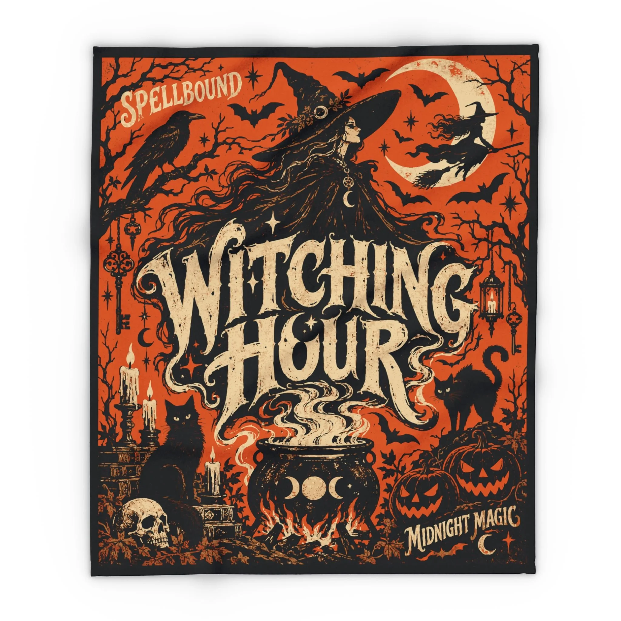 Full front of the 50 × 60 inch Witching Hour blanket showing Spellbound, Witching Hour and Midnight Magic lettering.
