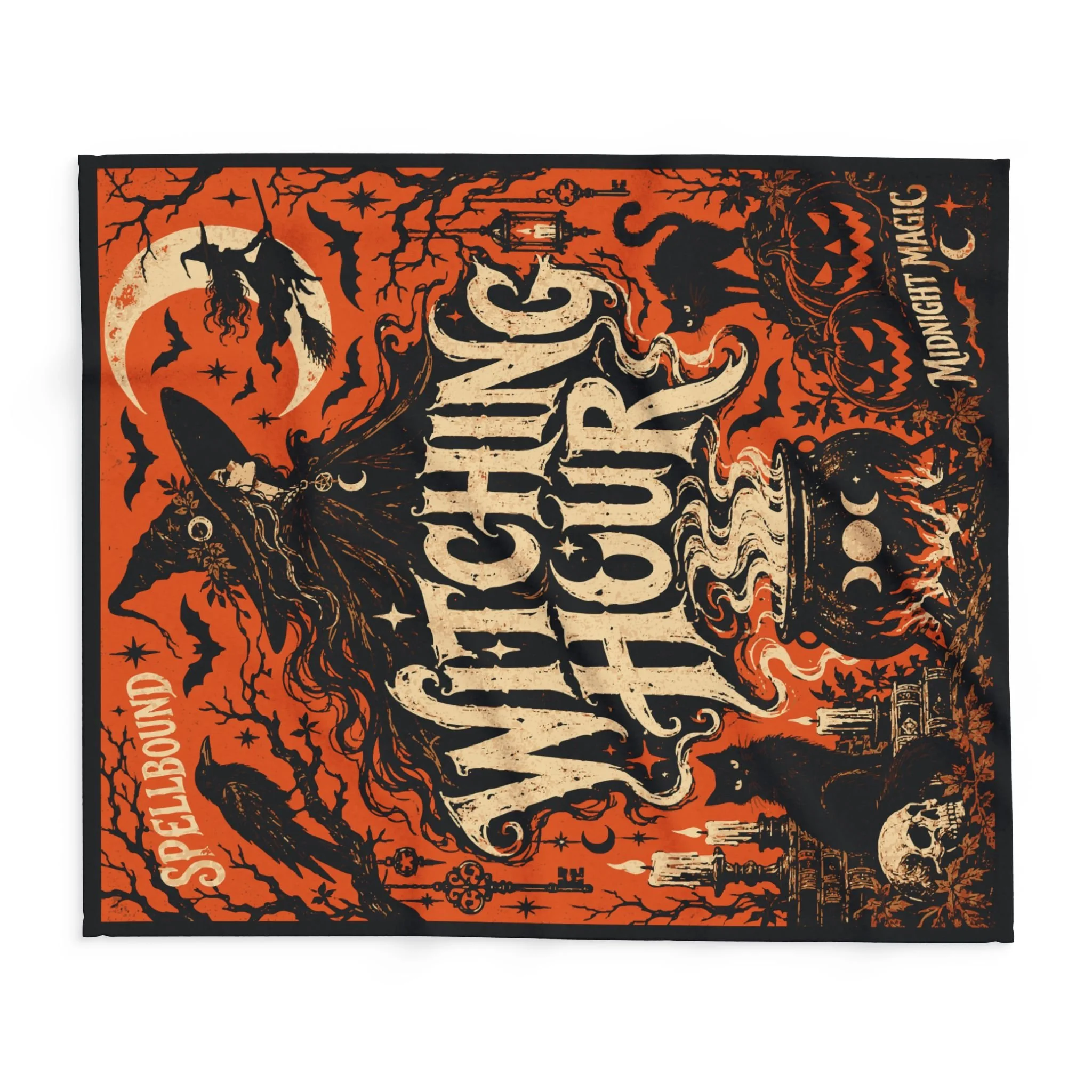Horizontal front view of the Witching Hour blanket with pumpkins, bats, moon and ornamental Halloween artwork.
