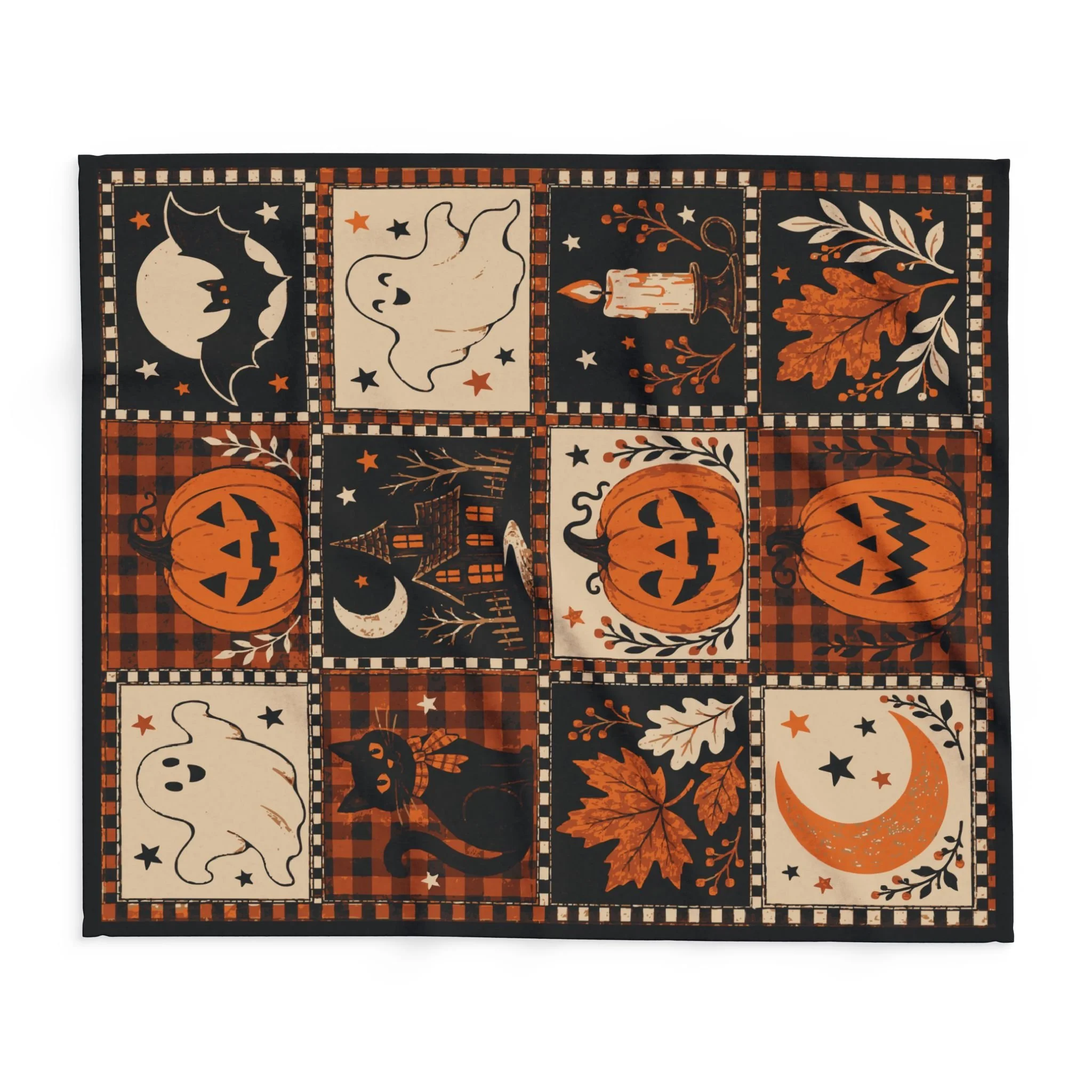 Horizontal front view of the Vintage Halloween Patchwork blanket showing its complete Halloween composition.