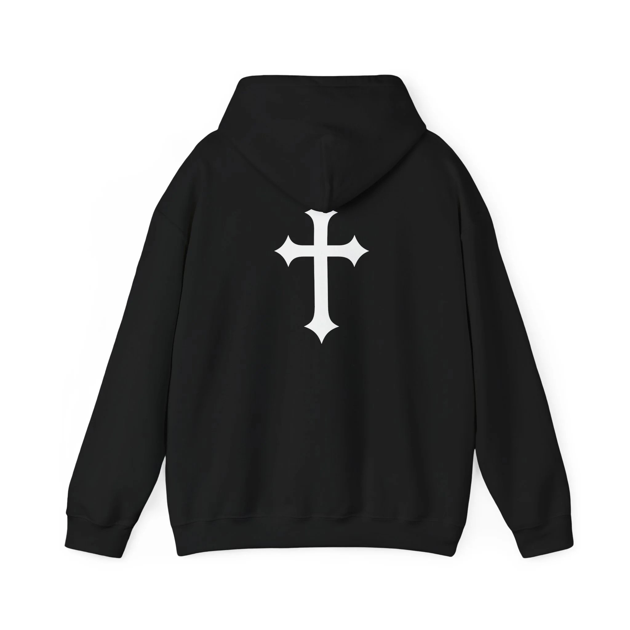 Black Faith Over Fear hoodie, tall white gothic cross centered on the back