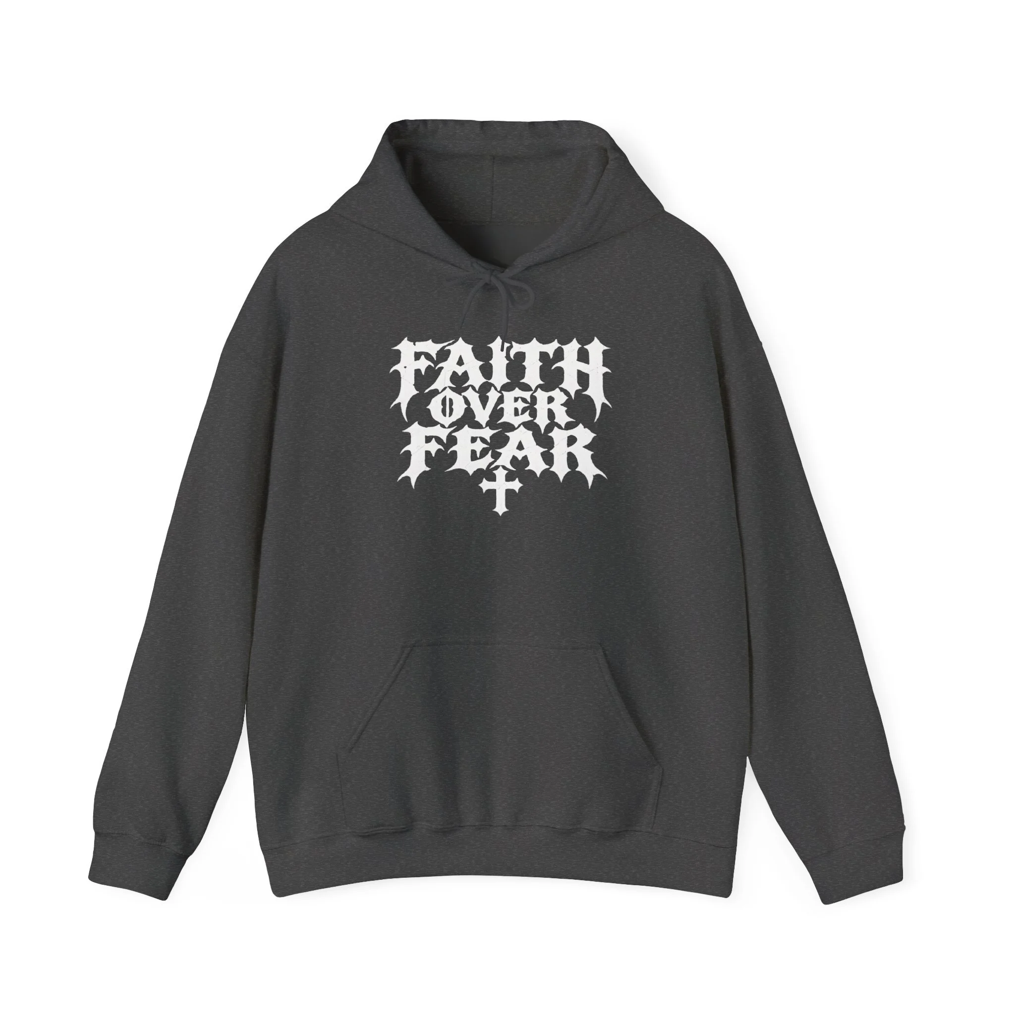 Dark Heather Faith Over Fear hoodie with the approved white gothic front print