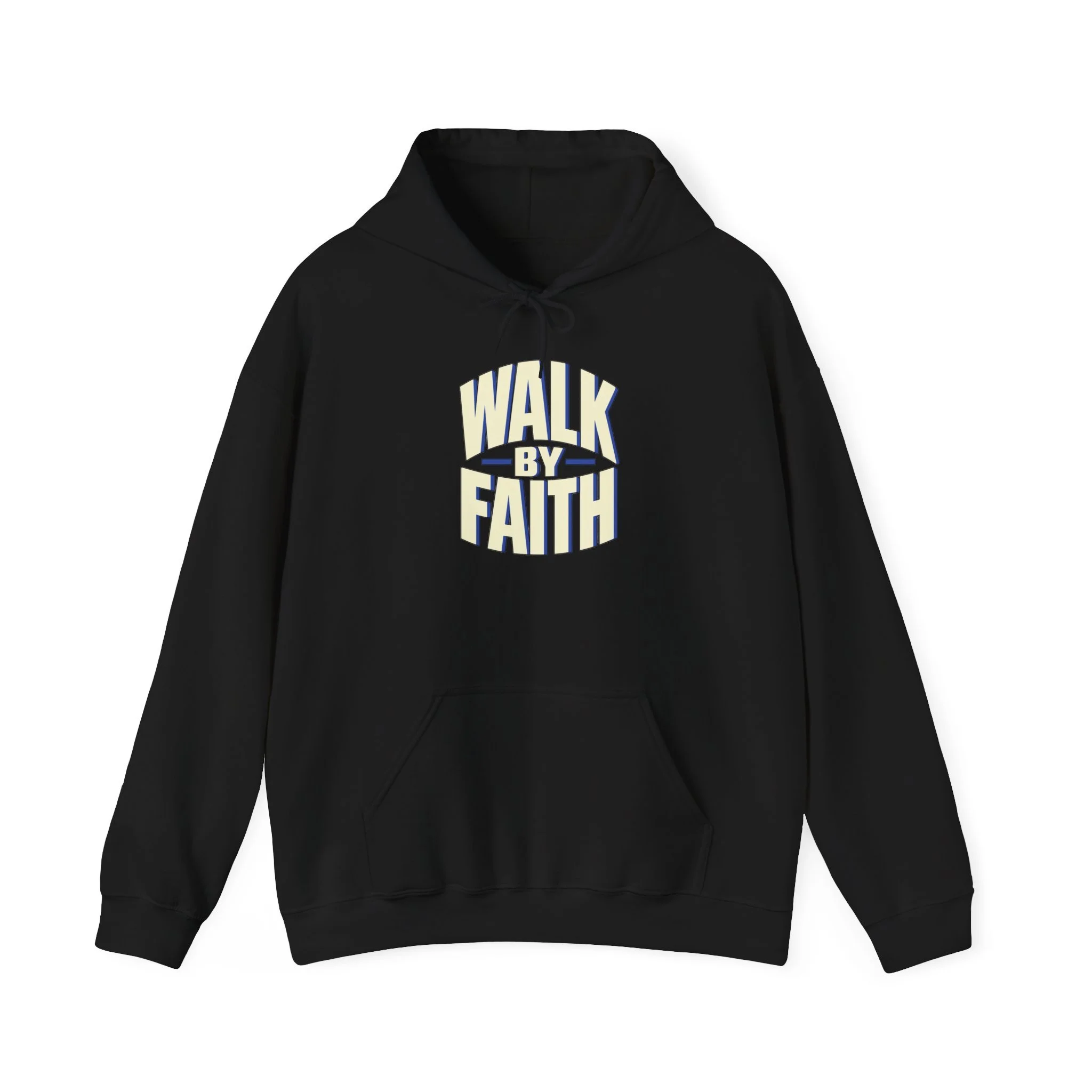 Black Gildan 18500 Walk by Faith hoodie with the approved ivory and cobalt front design