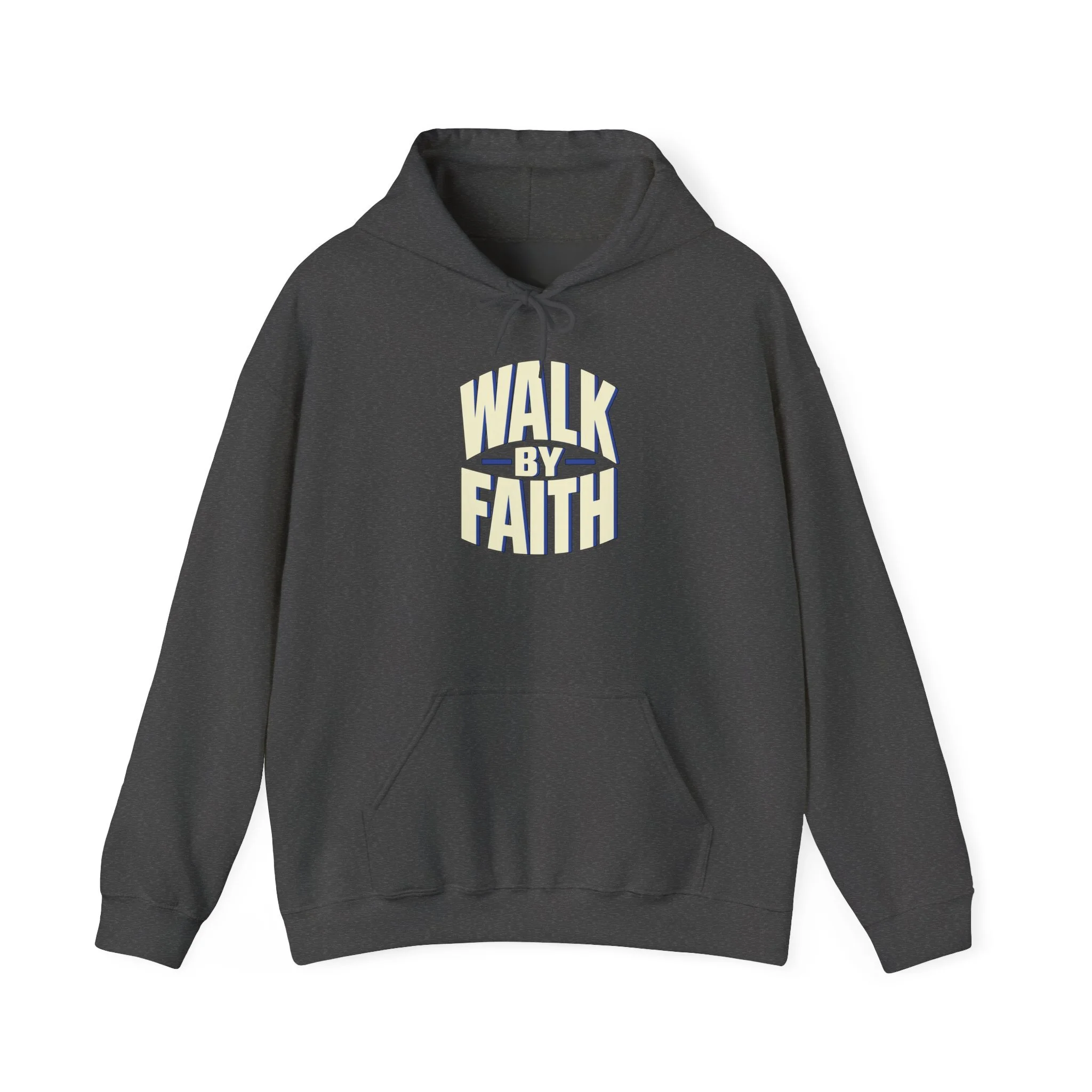 Dark Heather Walk by Faith hoodie, original ivory and cobalt front print