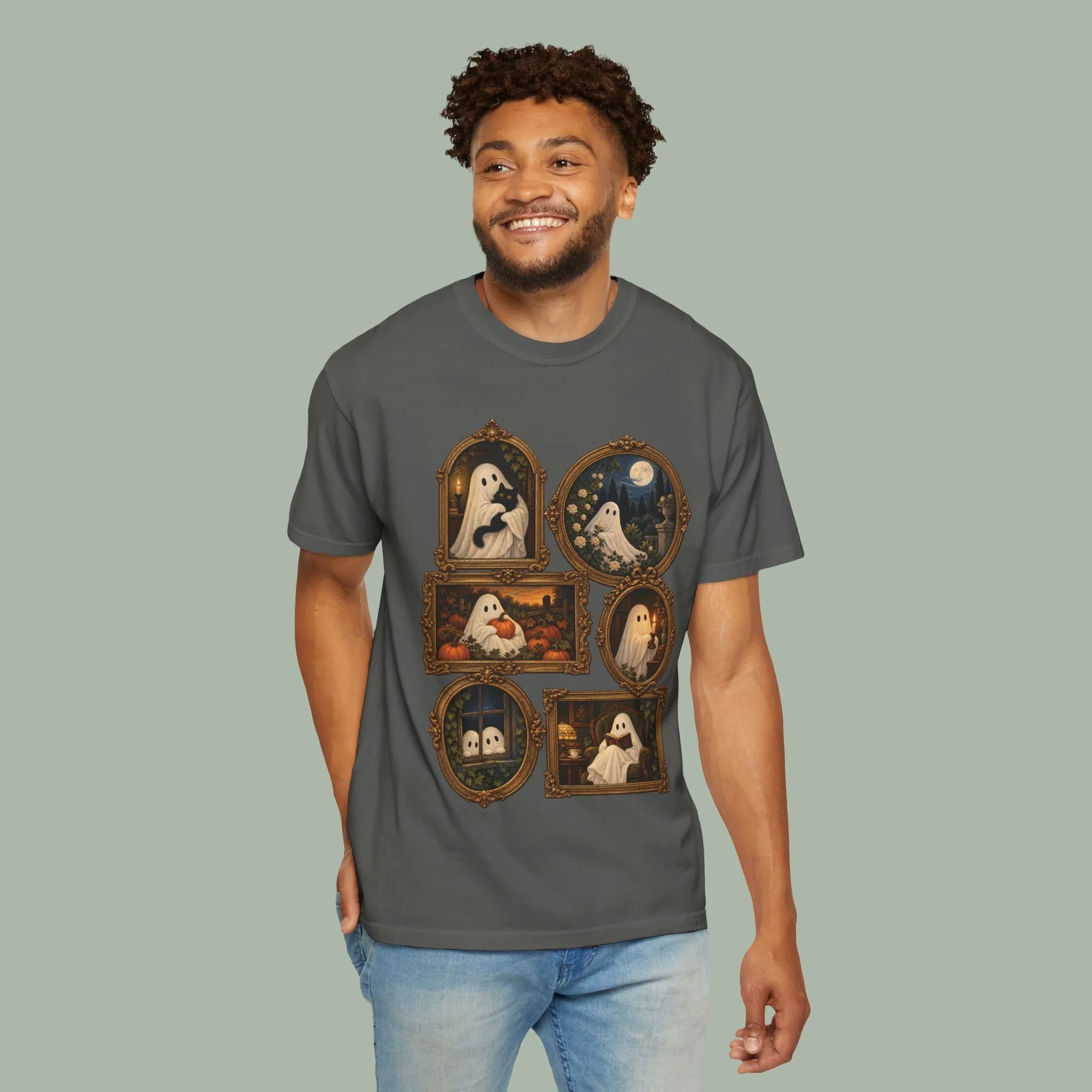Standing model wearing Pepper Vintage Ghost Gallery tee with six framed ghost portraits