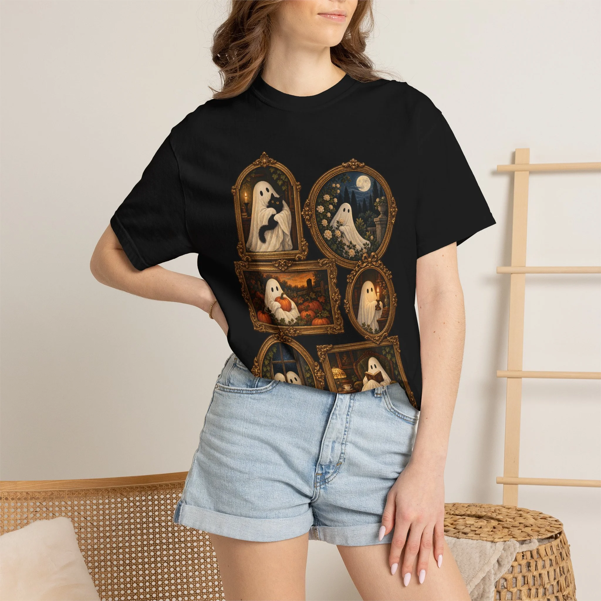 Model wearing Black Vintage Ghost Gallery tee, front view