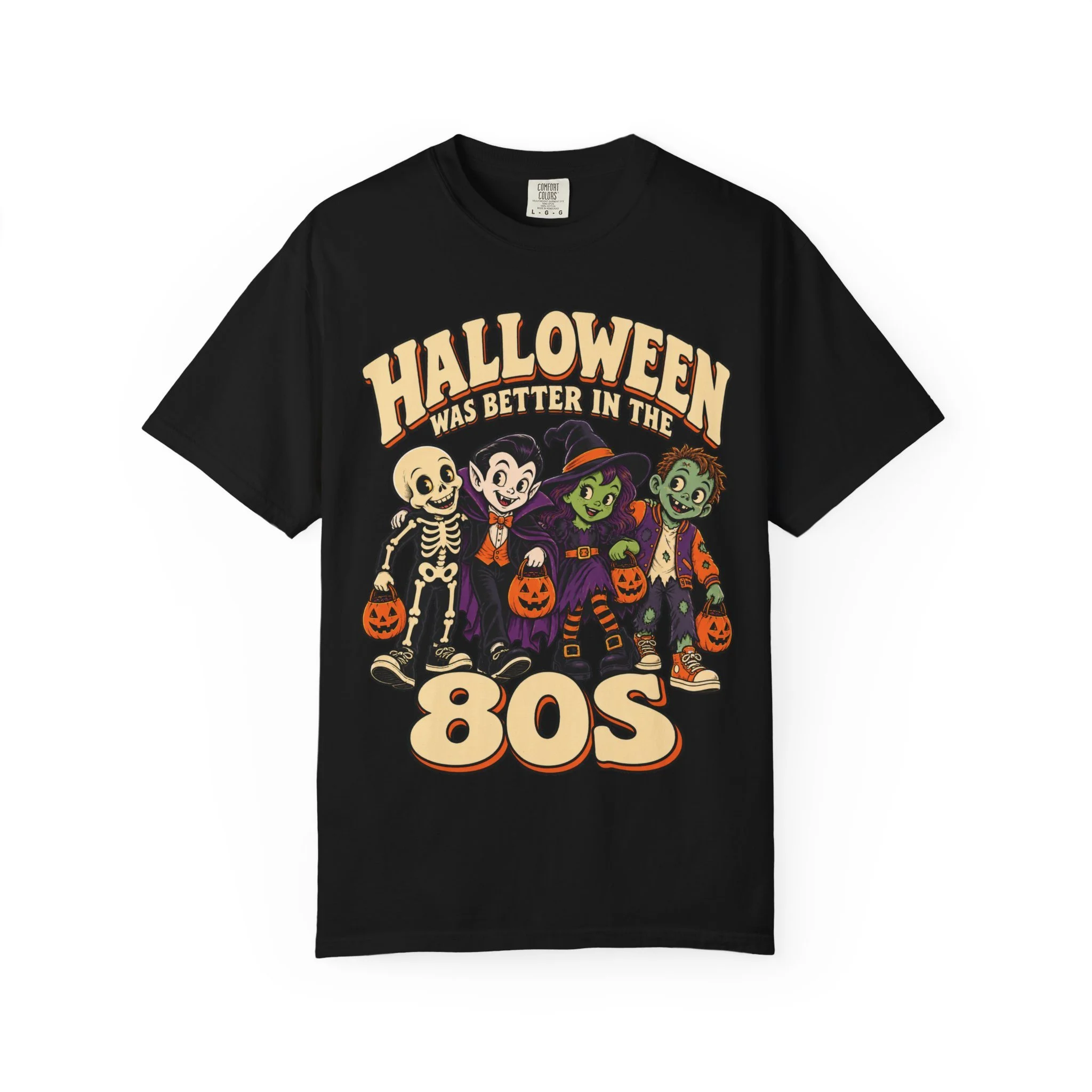 Black Comfort Colors 1717 tee with complete 80s Halloween wording and four costumed trick-or-treaters