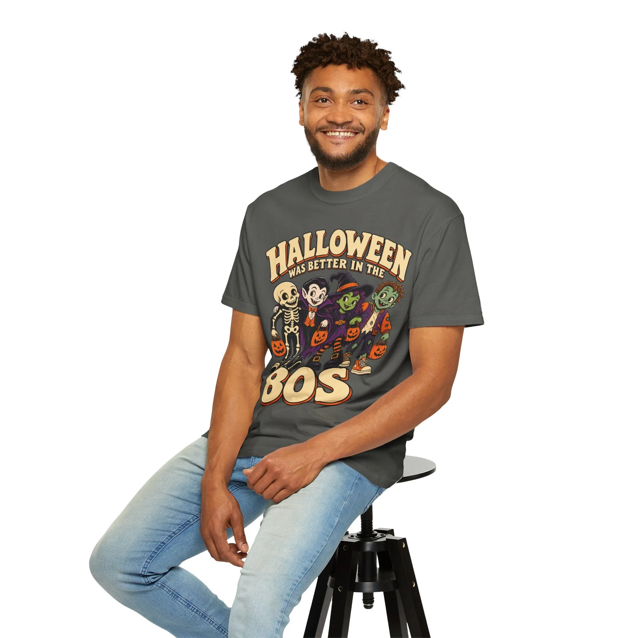 Seated model wearing Pepper retro Halloween tee
